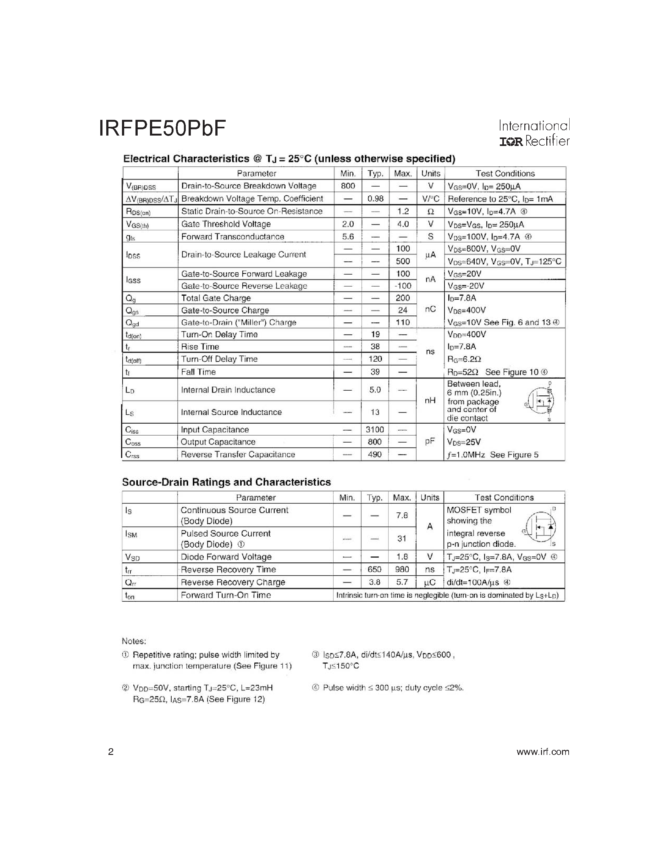 Даташит IRFPE50PBF - Power MOSFET страница 2