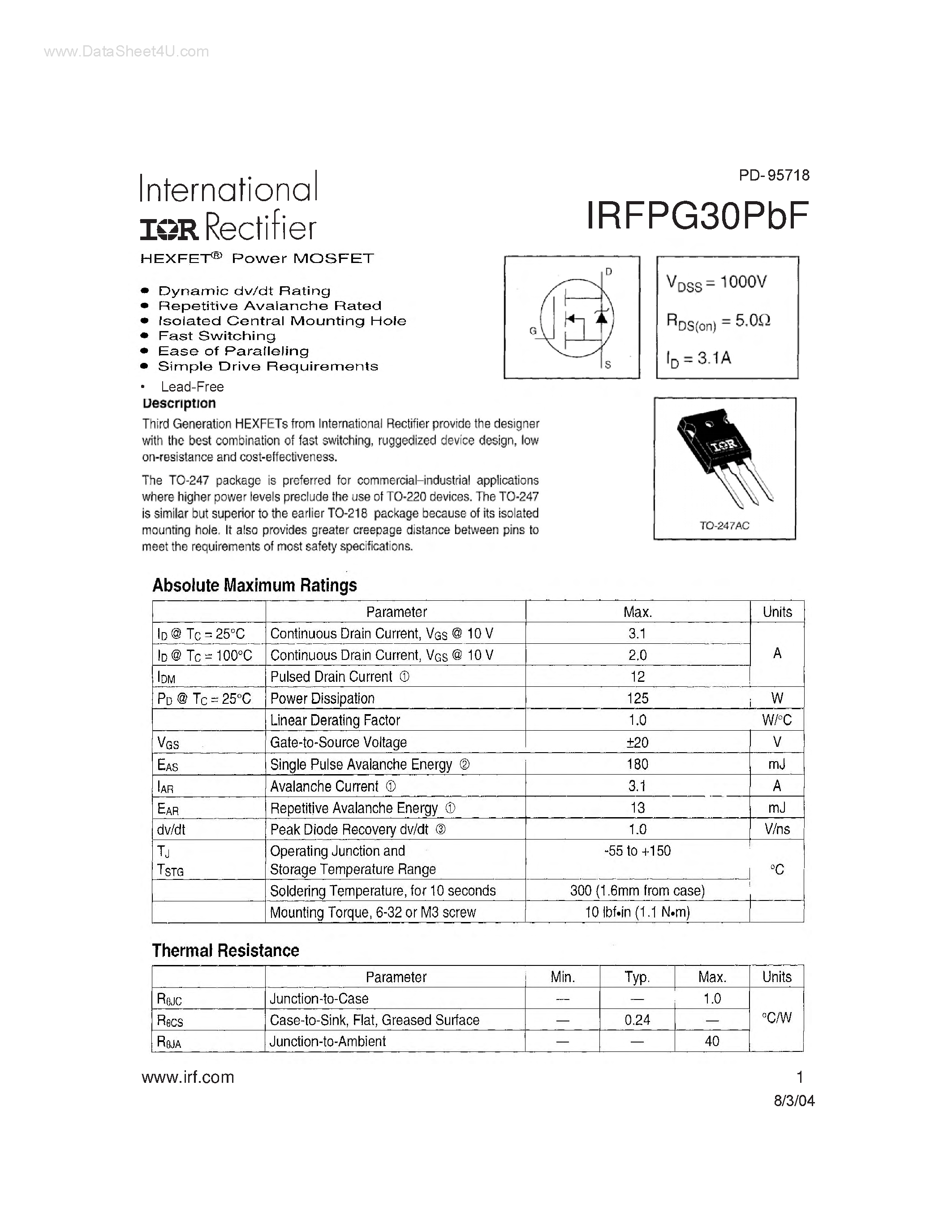Даташит IRFPG30PBF - Power MOSFET страница 1