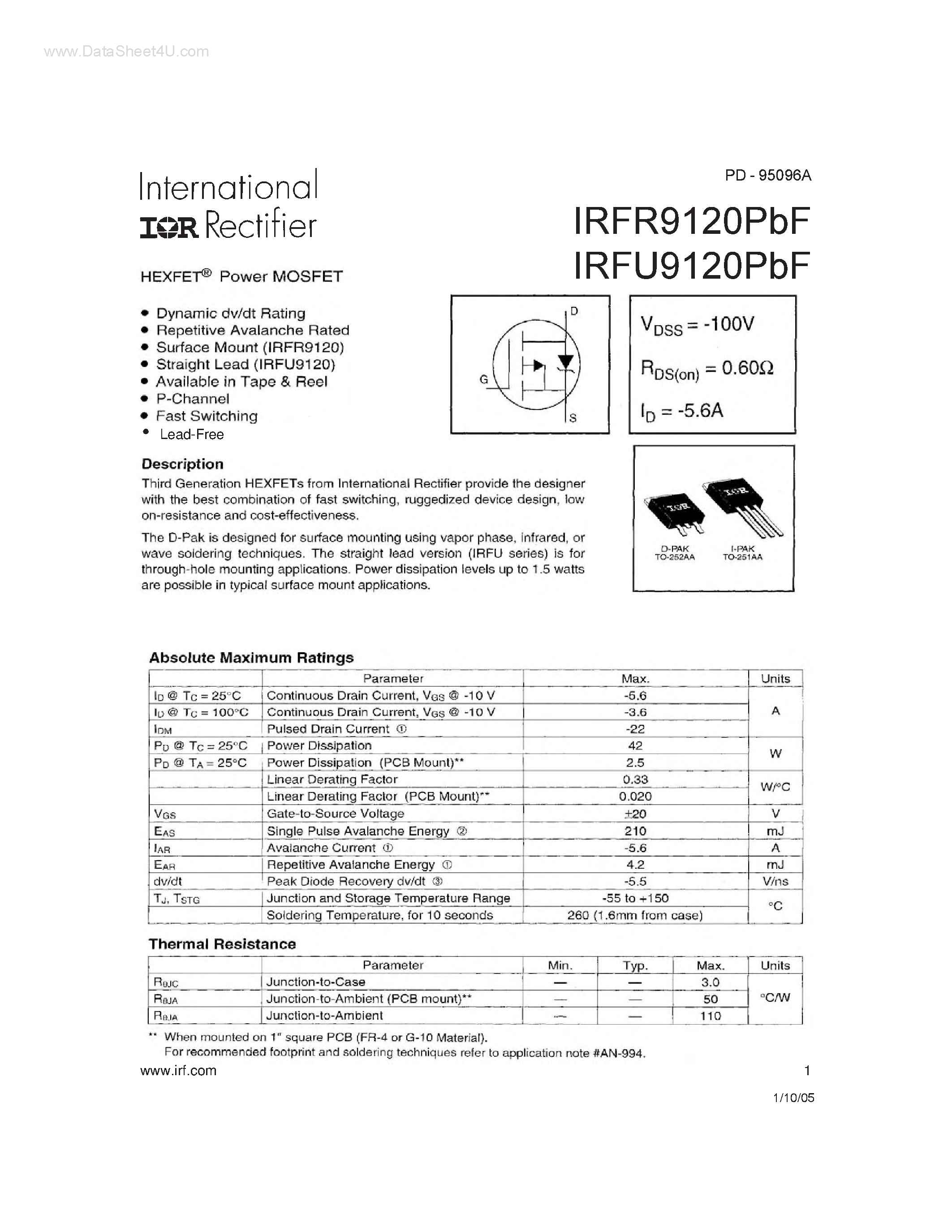 Datasheet IRFU9120PBF page 1 Datasheet IRFU9120PBF - Power MOSFET page 1