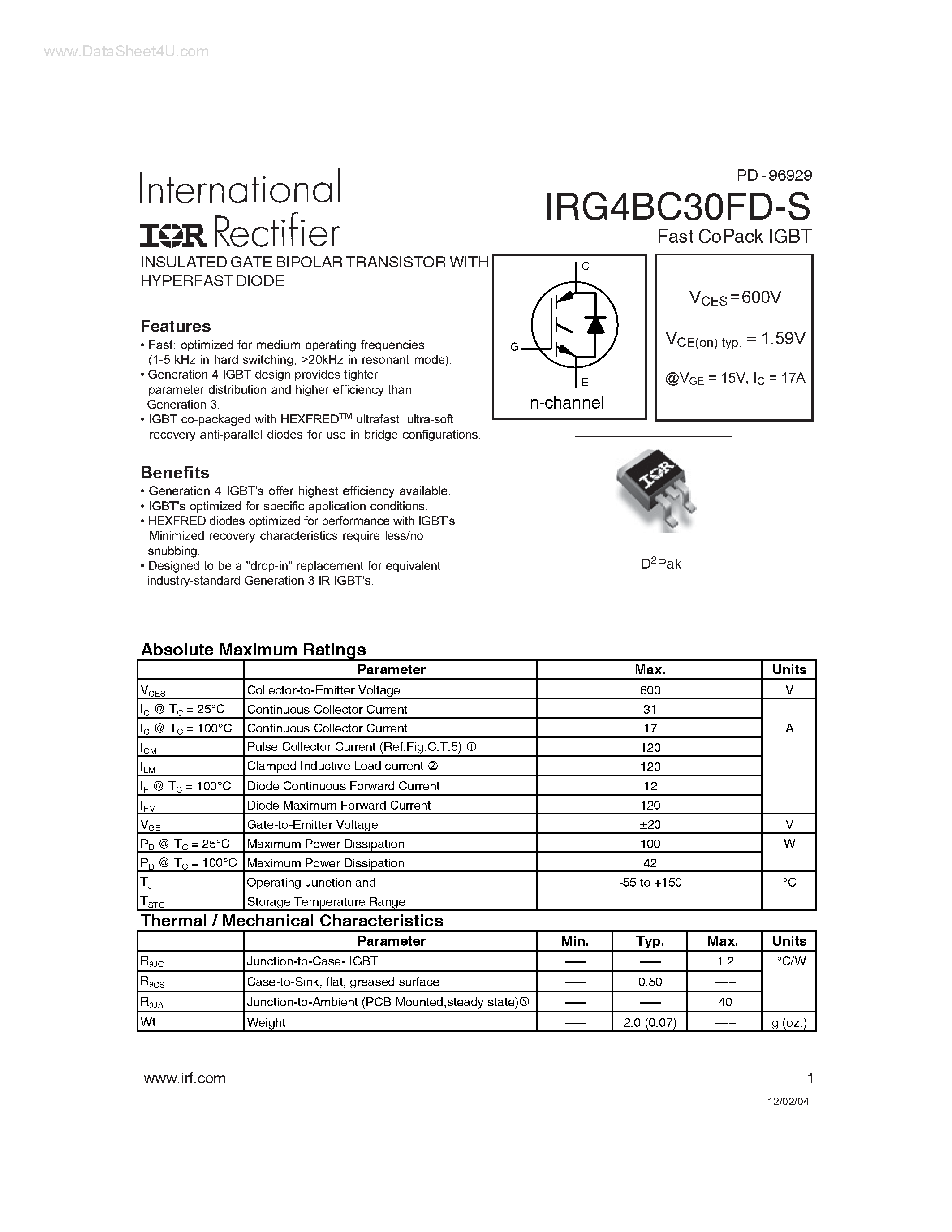 Datasheet IRG4BC30FD-S - INSULATED GATE BIPOLAR TRANSISTOR page 1