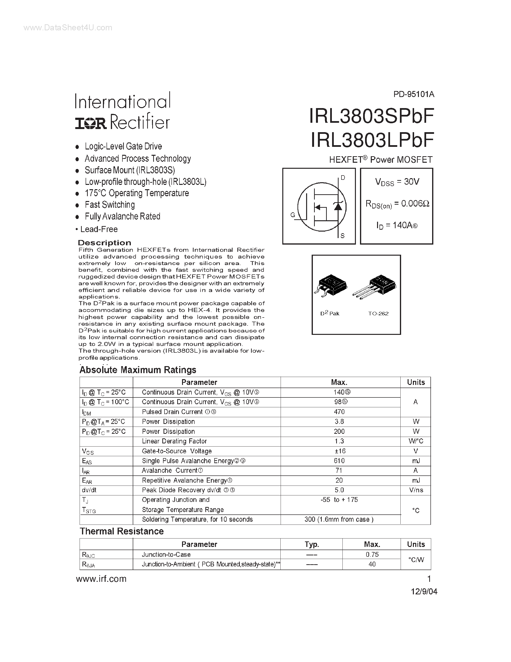 Datasheet IRL3803LPbF page 1 Datasheet IRL3803LPbF - Power MOSFET page 1