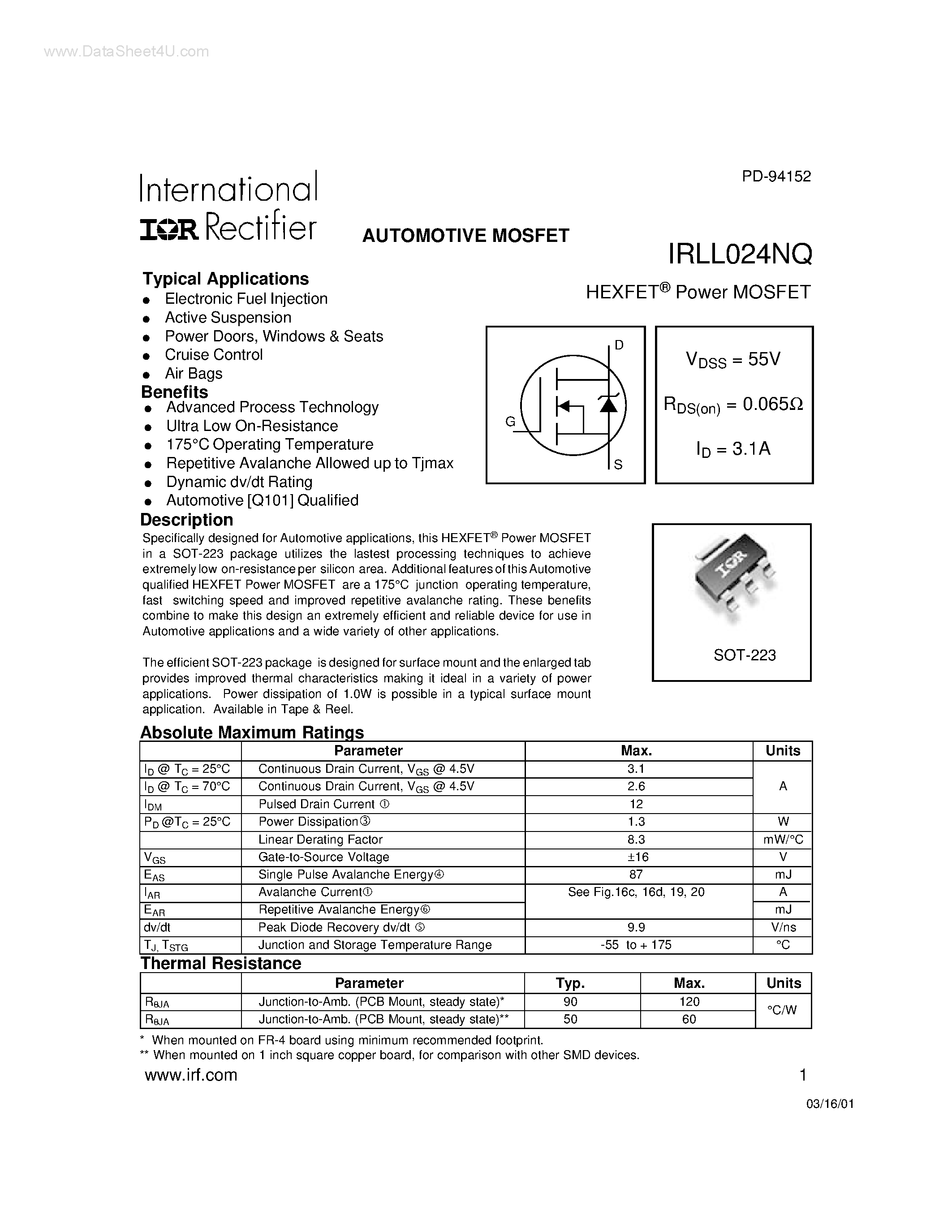Даташит IRLL024NQ - Power MOSFET страница 1