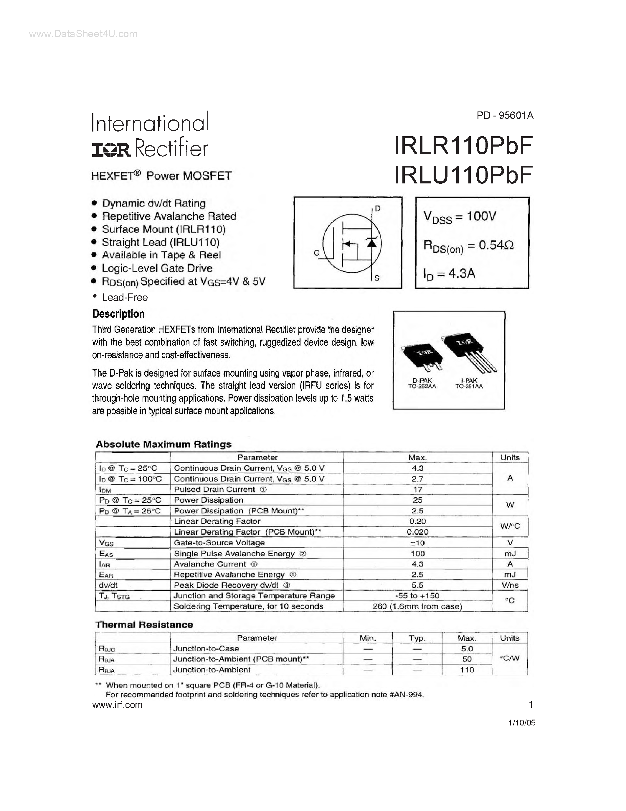 Datasheet IRLR110PBF page 1 Datasheet IRLR110PBF - Power MOSFET page 1