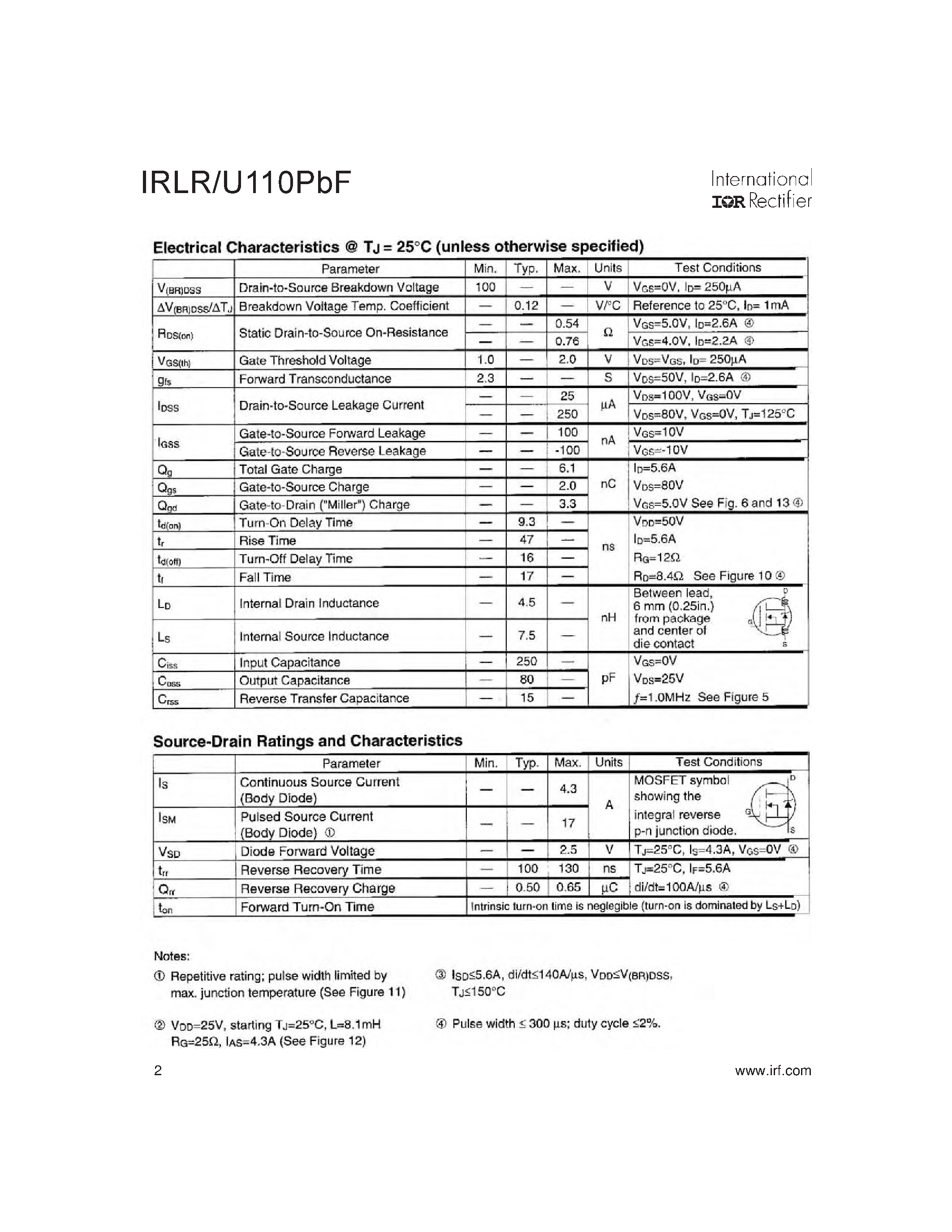 Datasheet IRLR110PBF page 2 Datasheet IRLR110PBF - Power MOSFET page 2