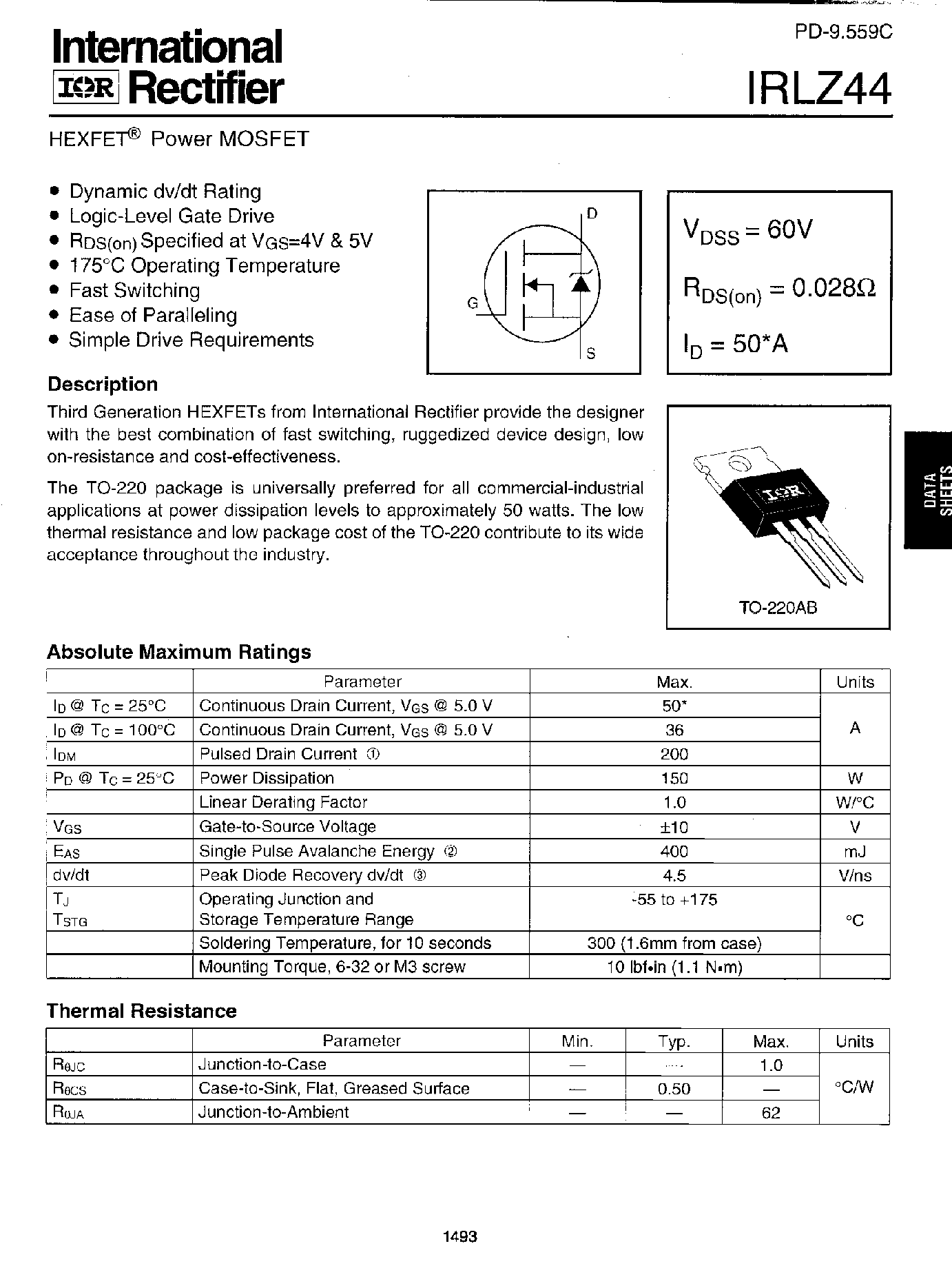 Datasheet IRLZ44 - Power MOSFET page 1