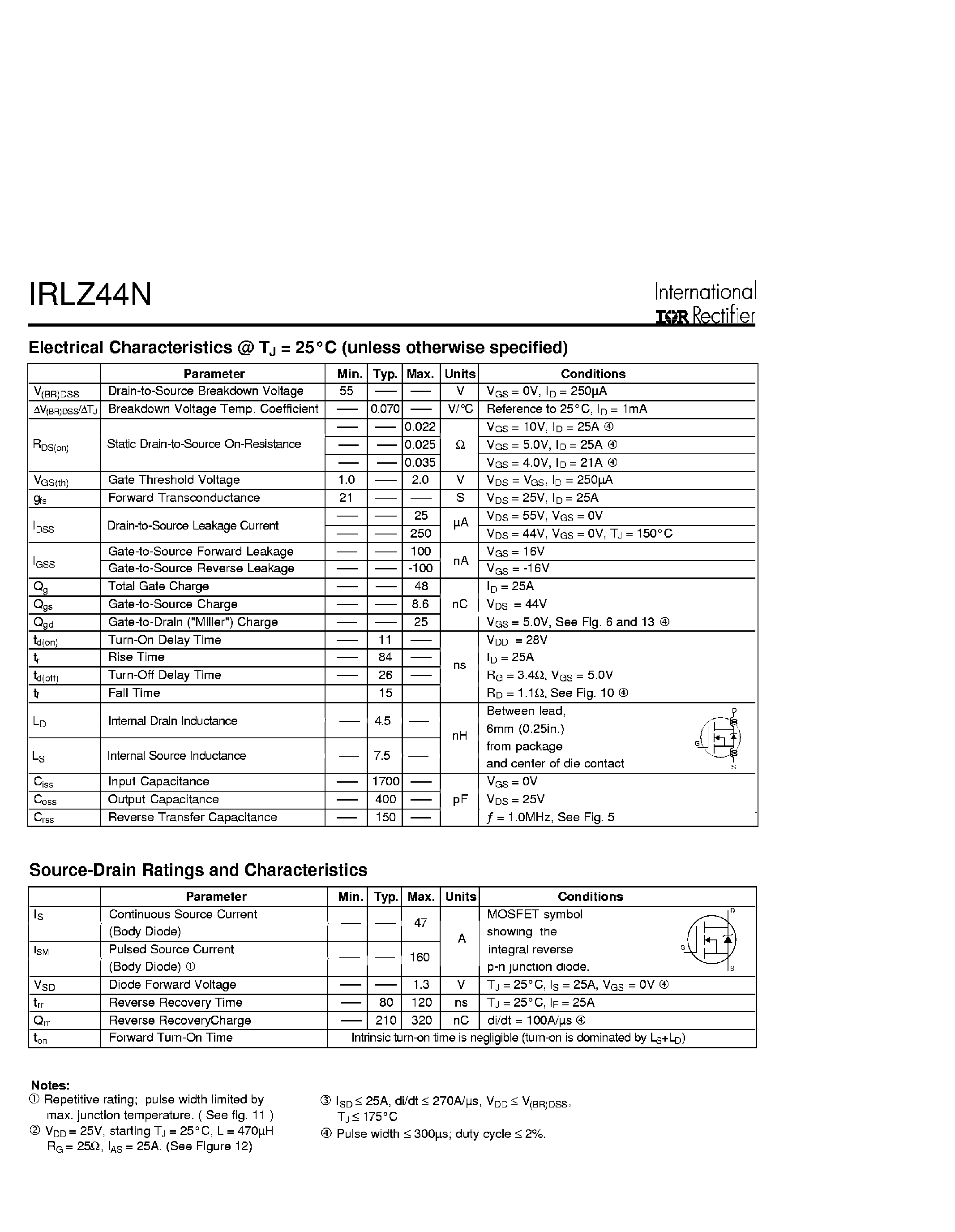 Даташит IRLZ44N - Power MOSFET страница 2