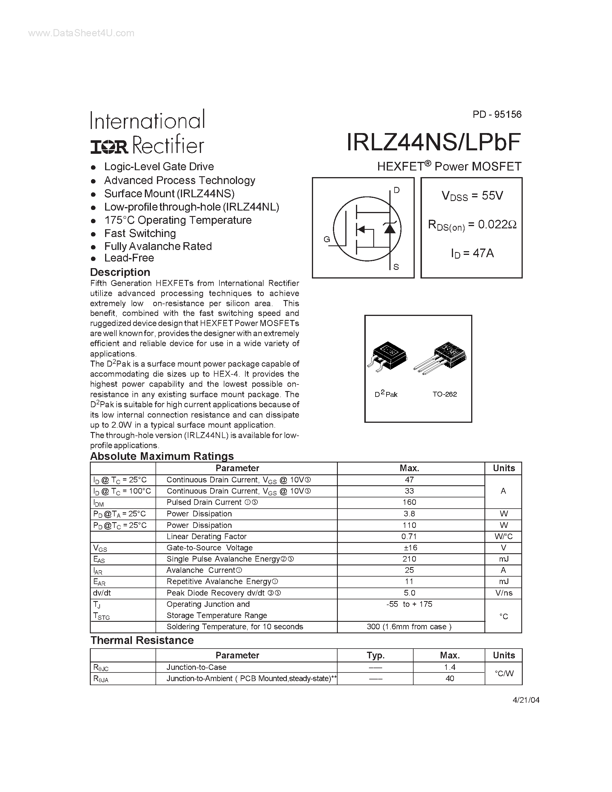 Даташит IRLZ44NLPBF - Power MOSFET страница 1