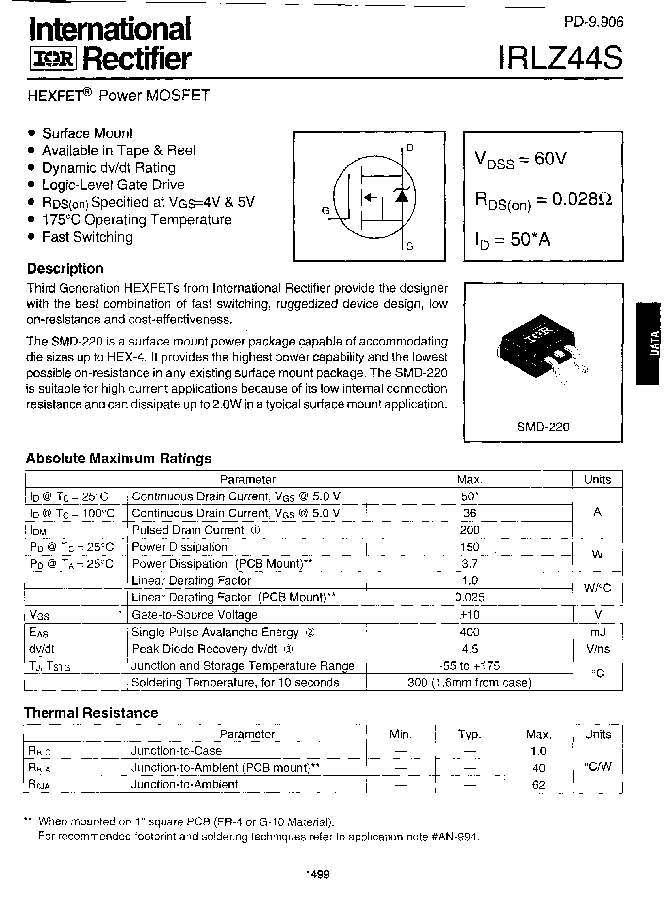 Даташит IRLZ44S - Power MOSFET страница 1
