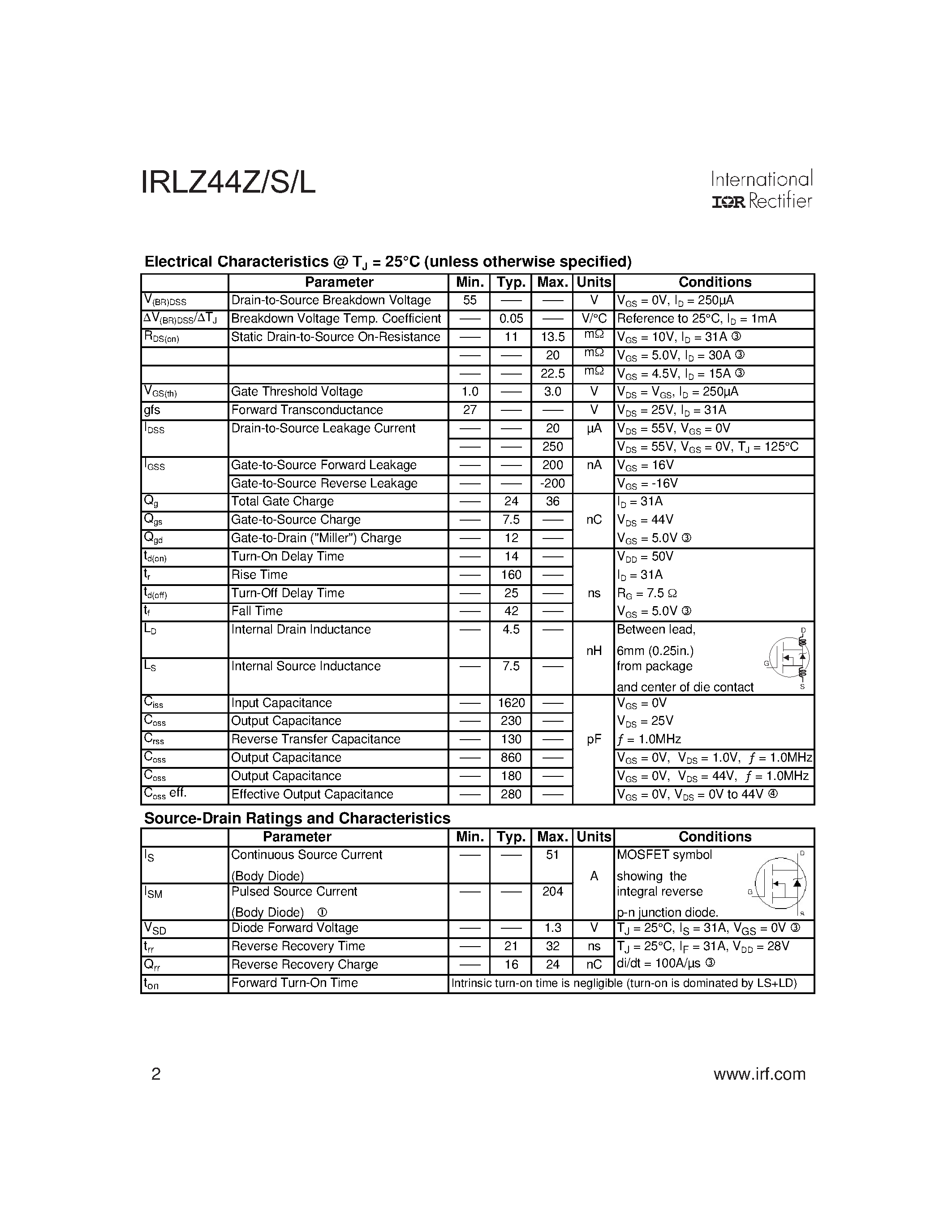 Даташит IRLZ44Z - AUTOMOTIVE MOSFET страница 2