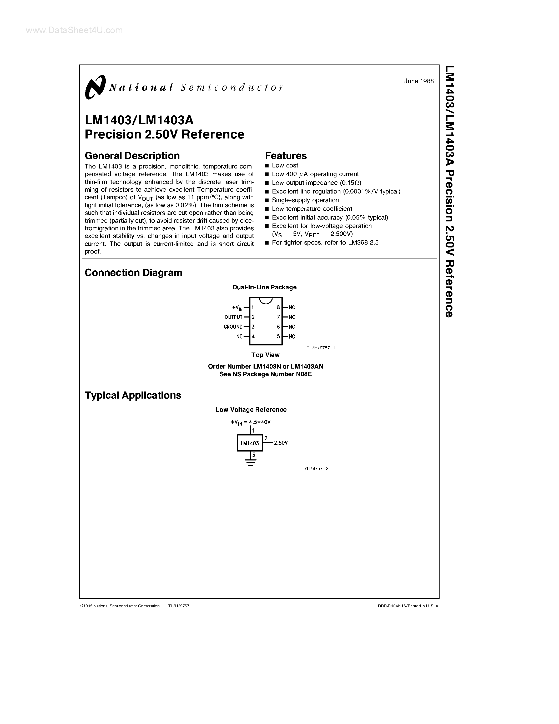 Datasheet LM1403 - Precision 2.50V Reference page 1