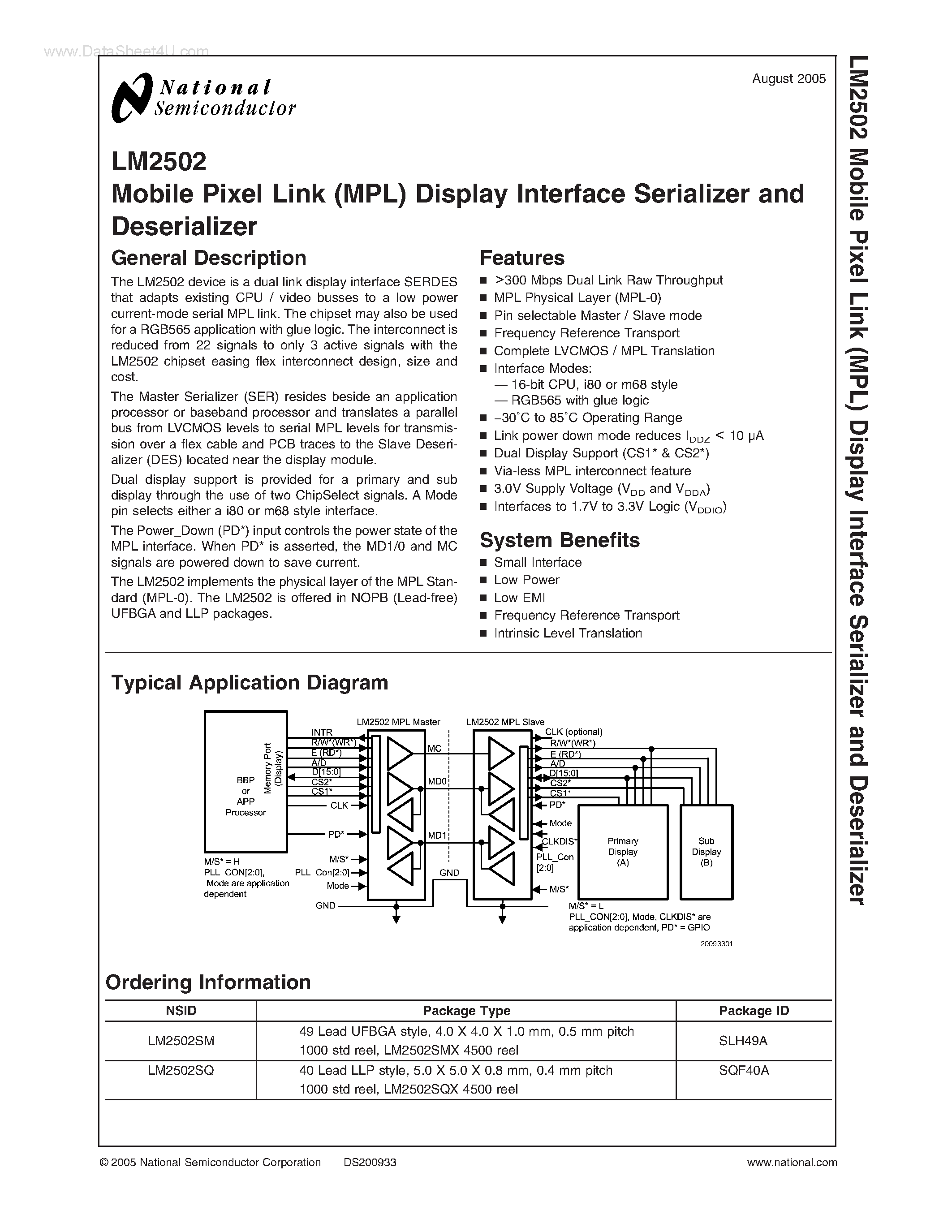 Даташит LM2502 - Mobile Pixel Link (MPL) Display Interface Serializer and Deserializer страница 1
