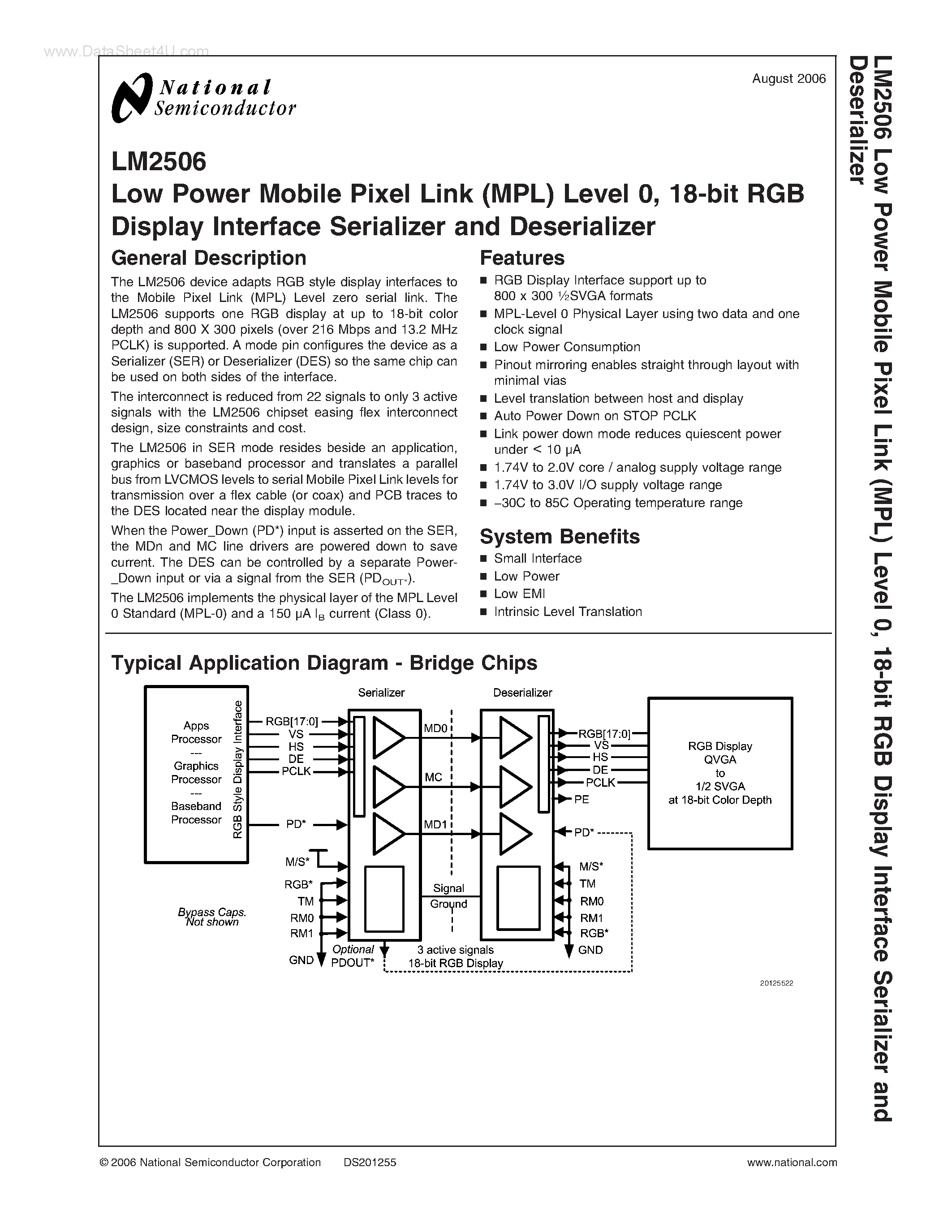 Datasheet LM2506 page 1 Datasheet LM2506 - 18-bit RGB Display Interface Serializer and Deserializer page 1