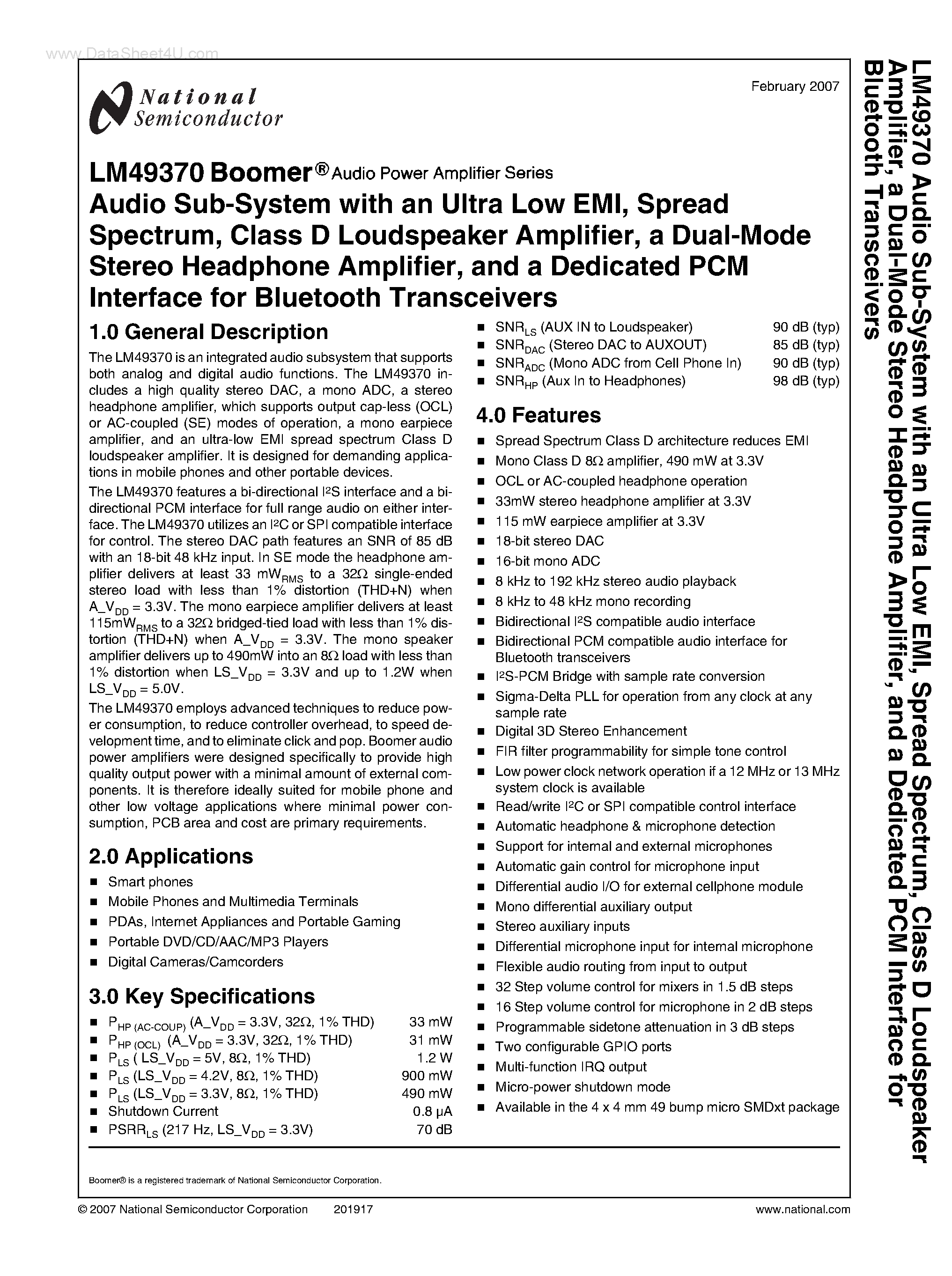 Datasheet LM49370 - Audio Sub-System page 1