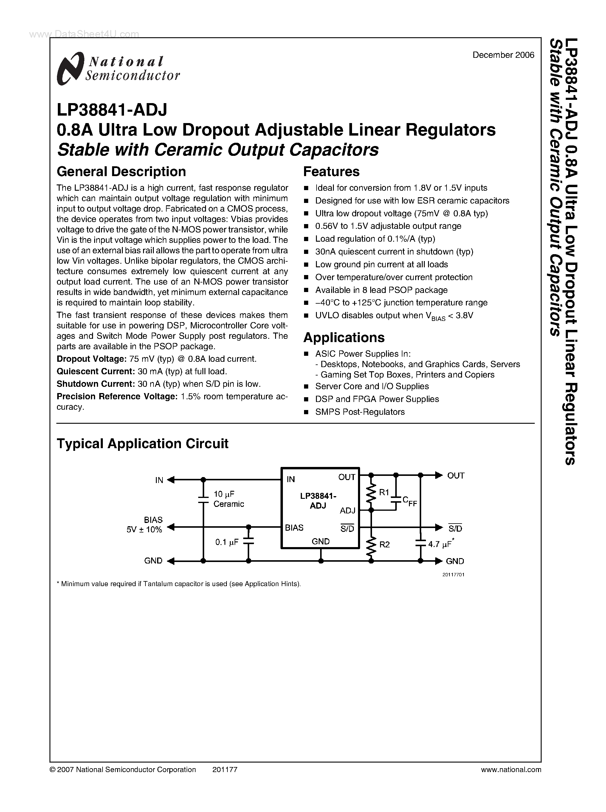 Даташит на микросхему LP38841-ADJ страница 1 Даташит LP38841-ADJ - Ultra Low Dropout Adjustable Linear Regulators Stable страница 1