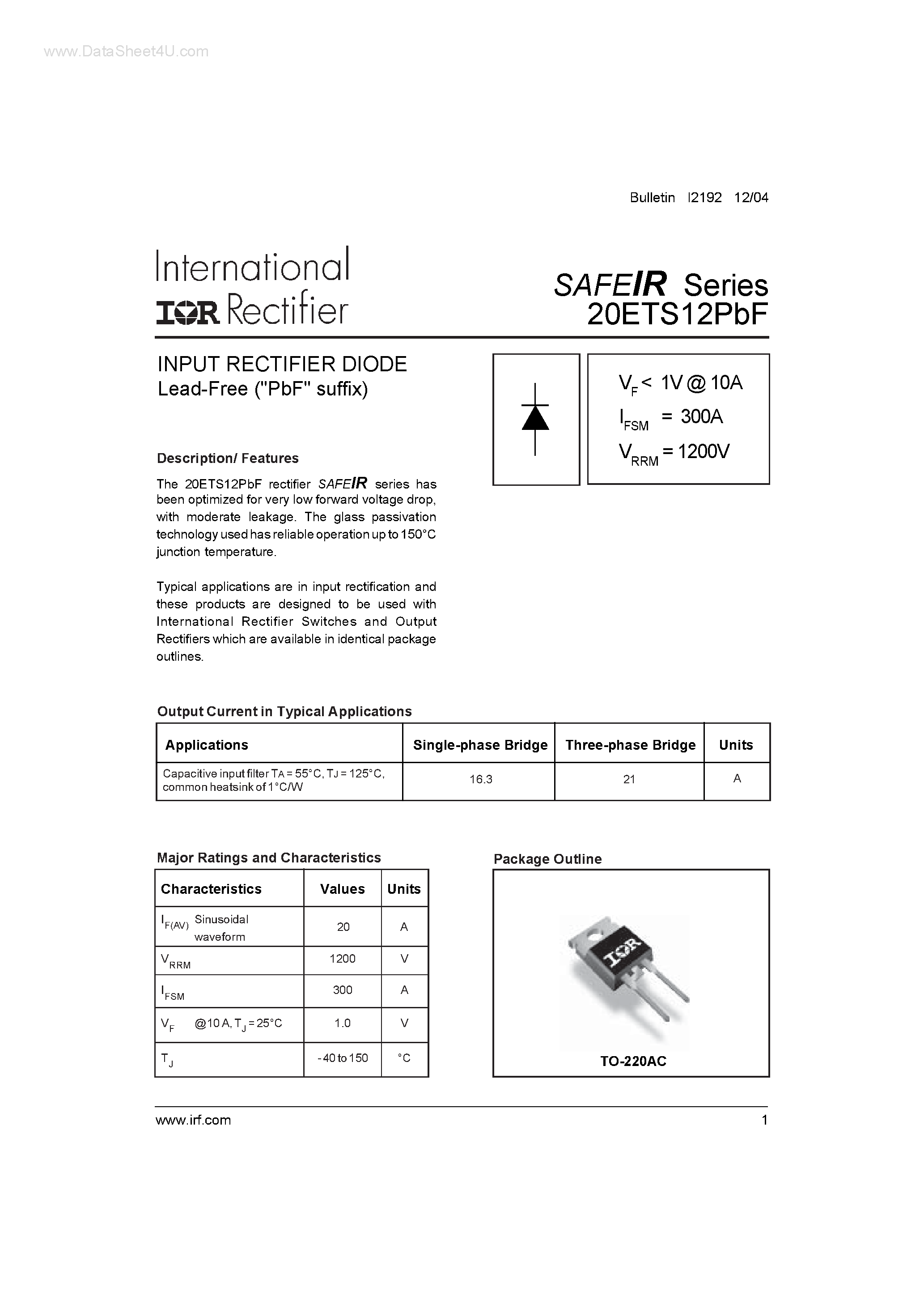 Datasheet 20ETS12PBF page 1 Datasheet 20ETS12PBF - INPUT RECTIFIER DIODE page 1