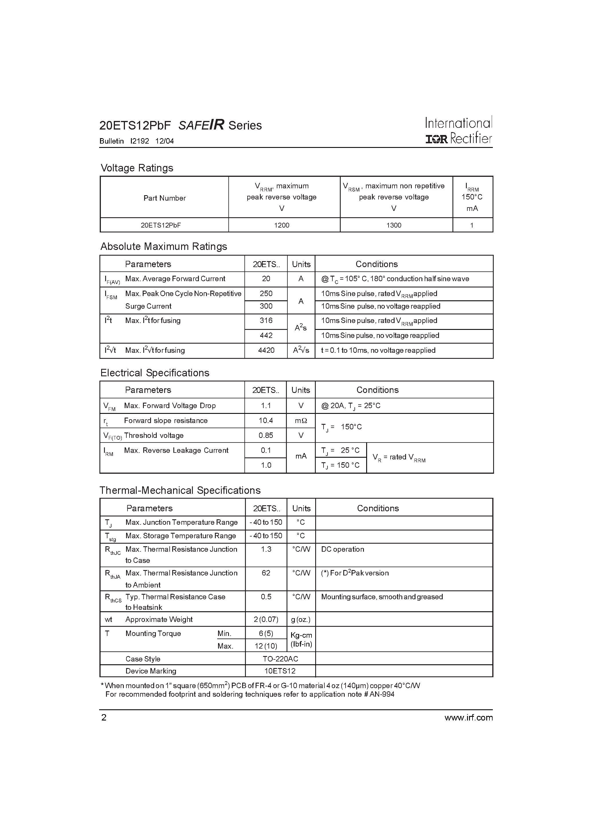 Datasheet 20ETS12PBF page 2 Datasheet 20ETS12PBF - INPUT RECTIFIER DIODE page 2