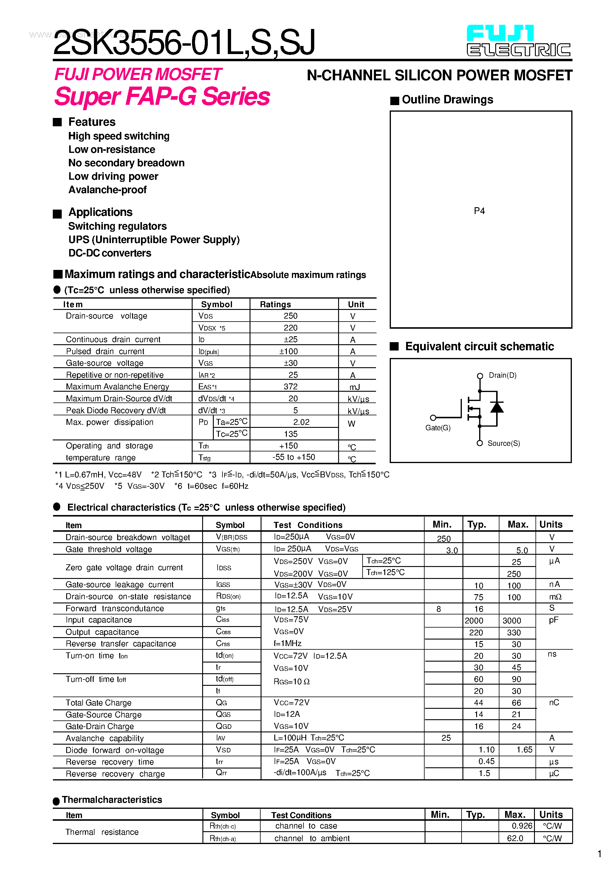 Datasheet 2SK3556-01L - N-CHANNEL SILICON POWER MOSFET page 1