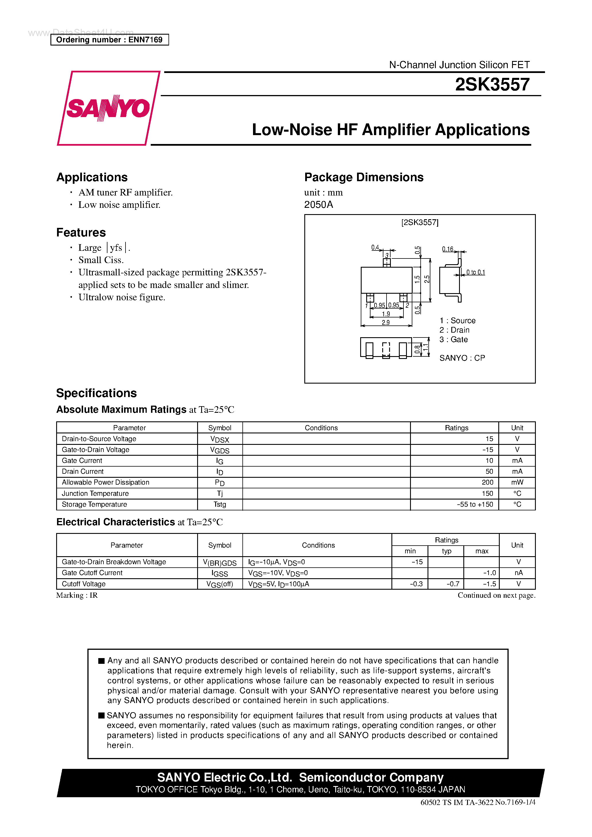 Datasheet 2SK3557 - Low-Noise HF Amplifier Applications page 1