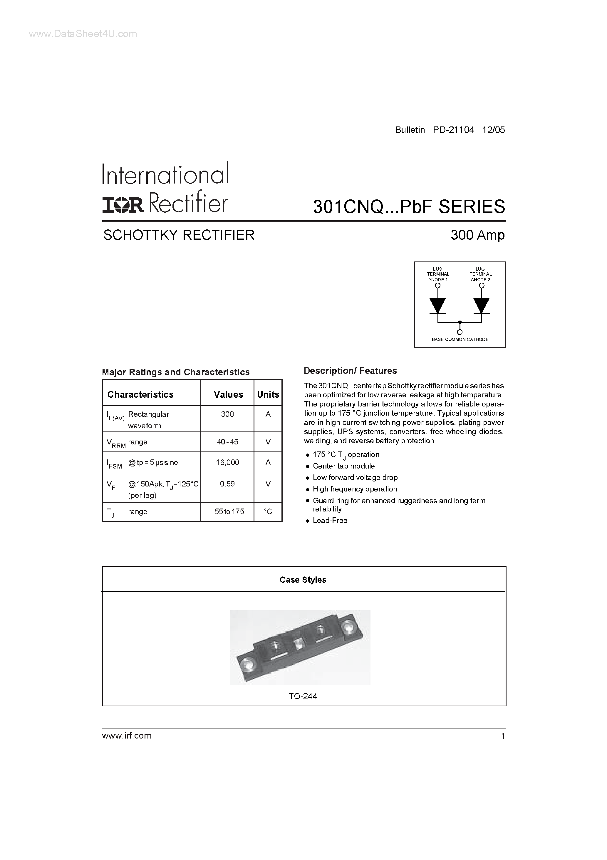 Datasheet 301CNQ040PBF page 1 Datasheet 301CNQ040PBF - (301CNQxxxPBF) SCHOTTKY RECTIFIER page 1