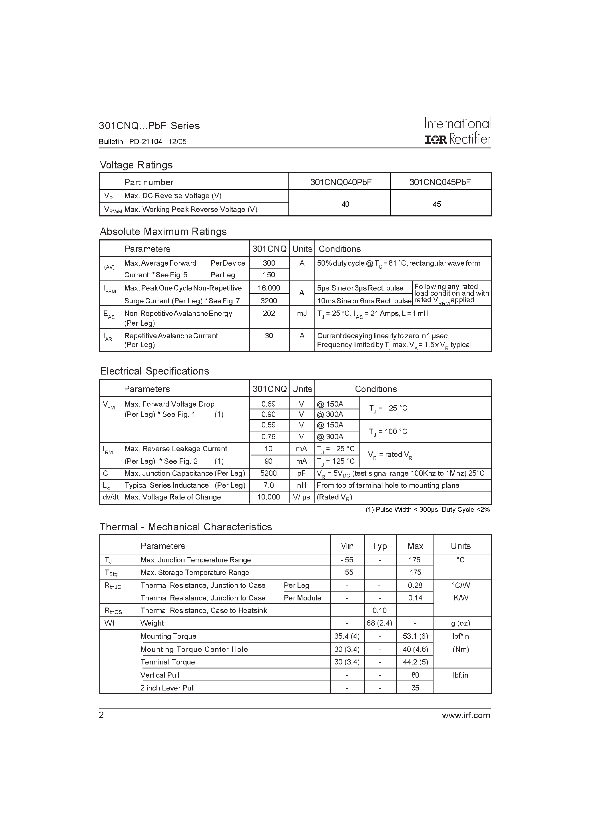 Datasheet 301CNQ040PBF page 2 Datasheet 301CNQ040PBF - (301CNQxxxPBF) SCHOTTKY RECTIFIER page 2