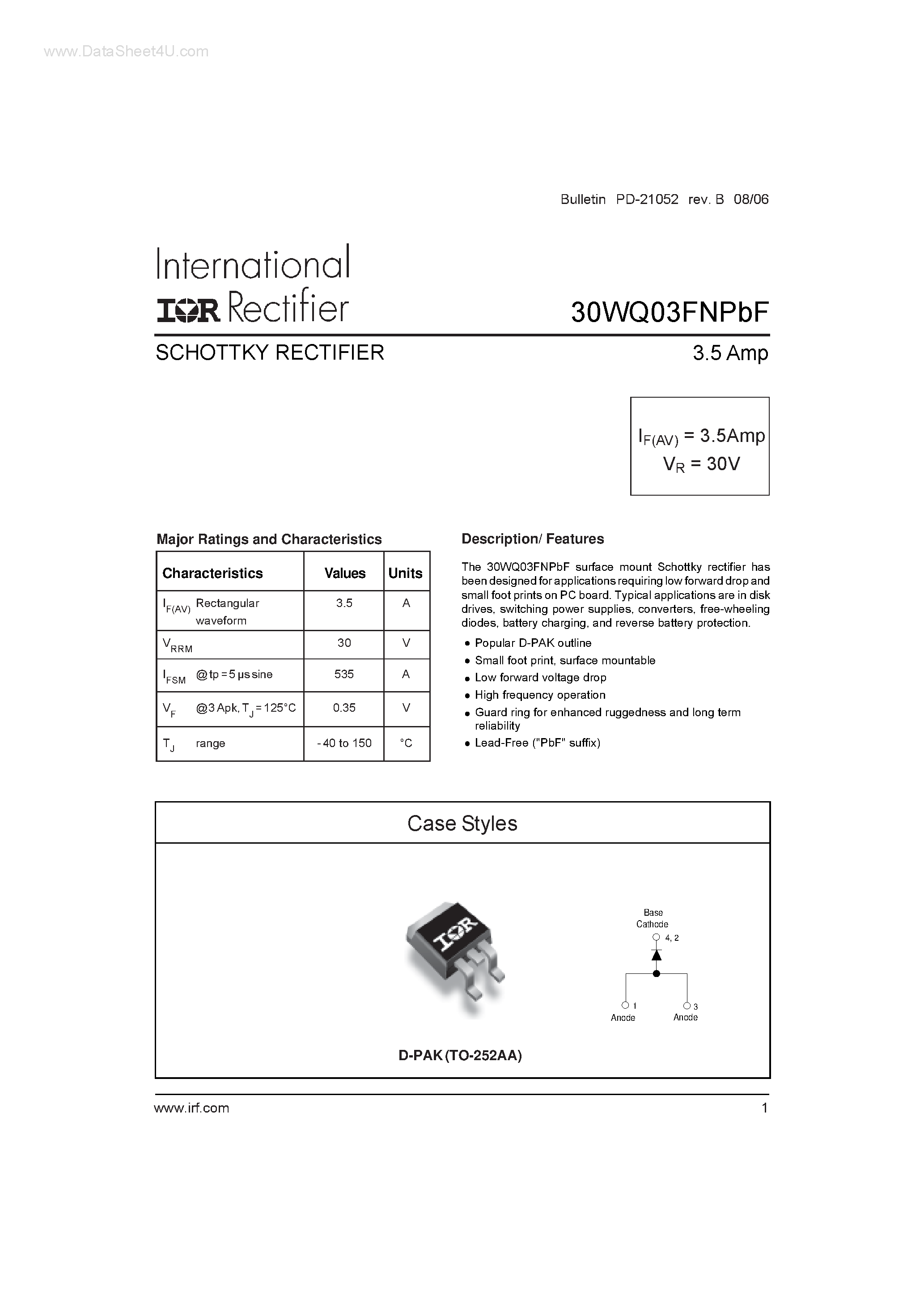 Datasheet 30WQ03FNPBF - SCHOTTKY RECTIFIER page 1