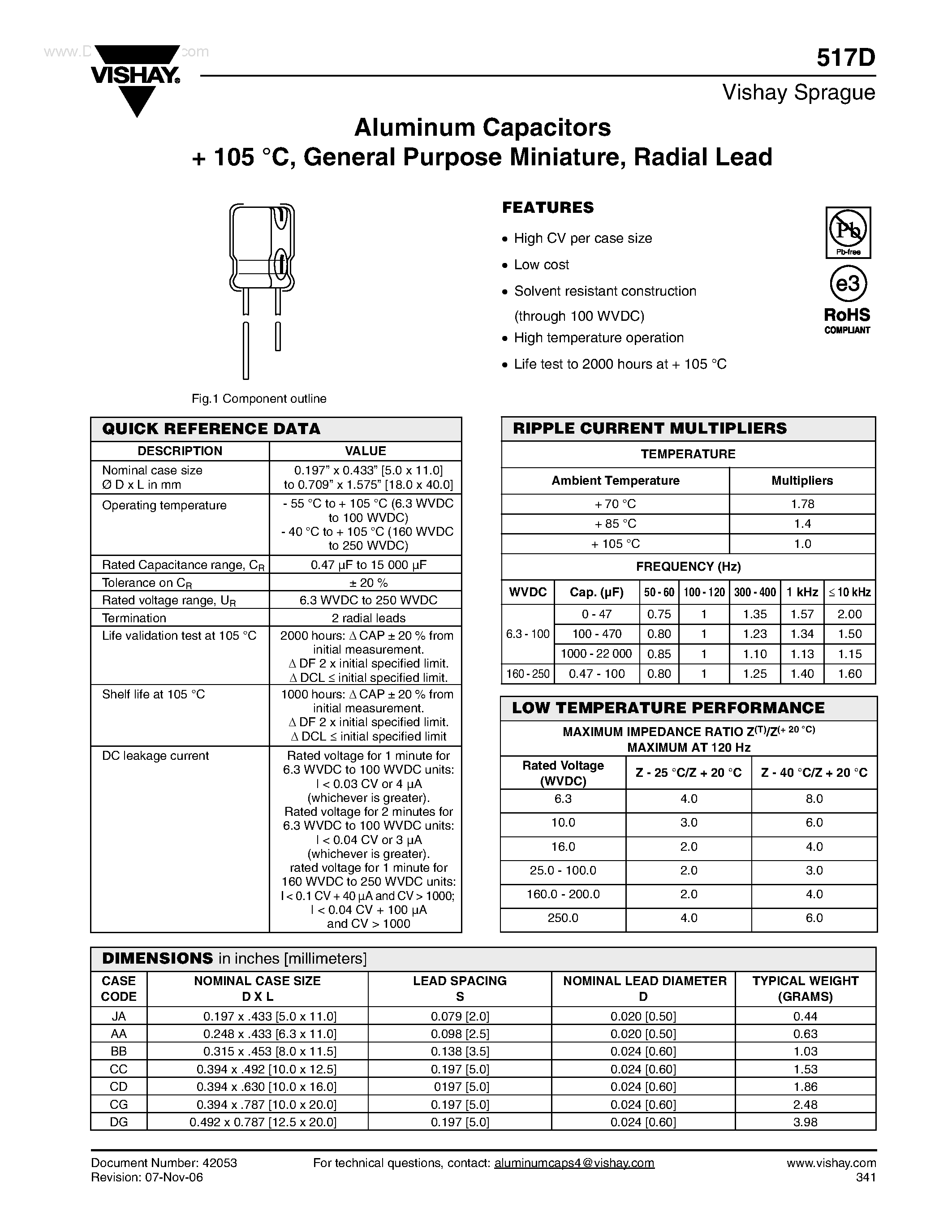 Datasheet 517D page 1 Datasheet 517D - Aluminum Capacitors page 1