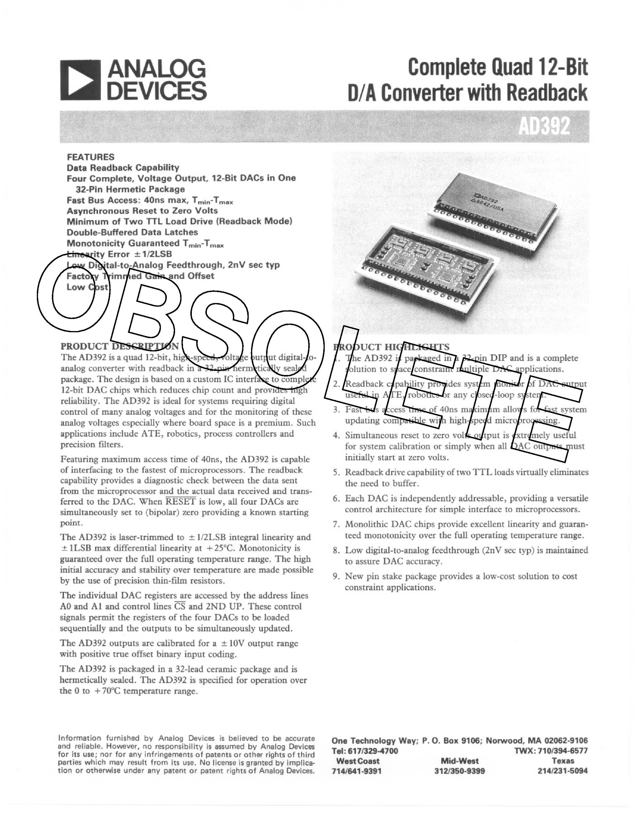 Даташит на микросхему AD392 страница 1 Даташит AD392 - Complete Quad 12-Bit D/A Converter страница 1