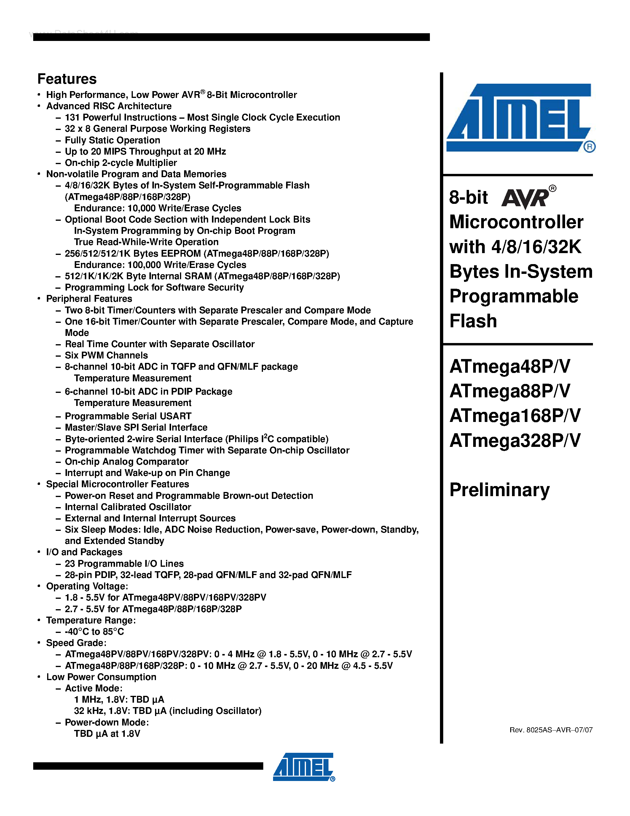 Datasheet ATmega88P - (ATmegaxxxP/V) 8-bit Microcontroller page 1