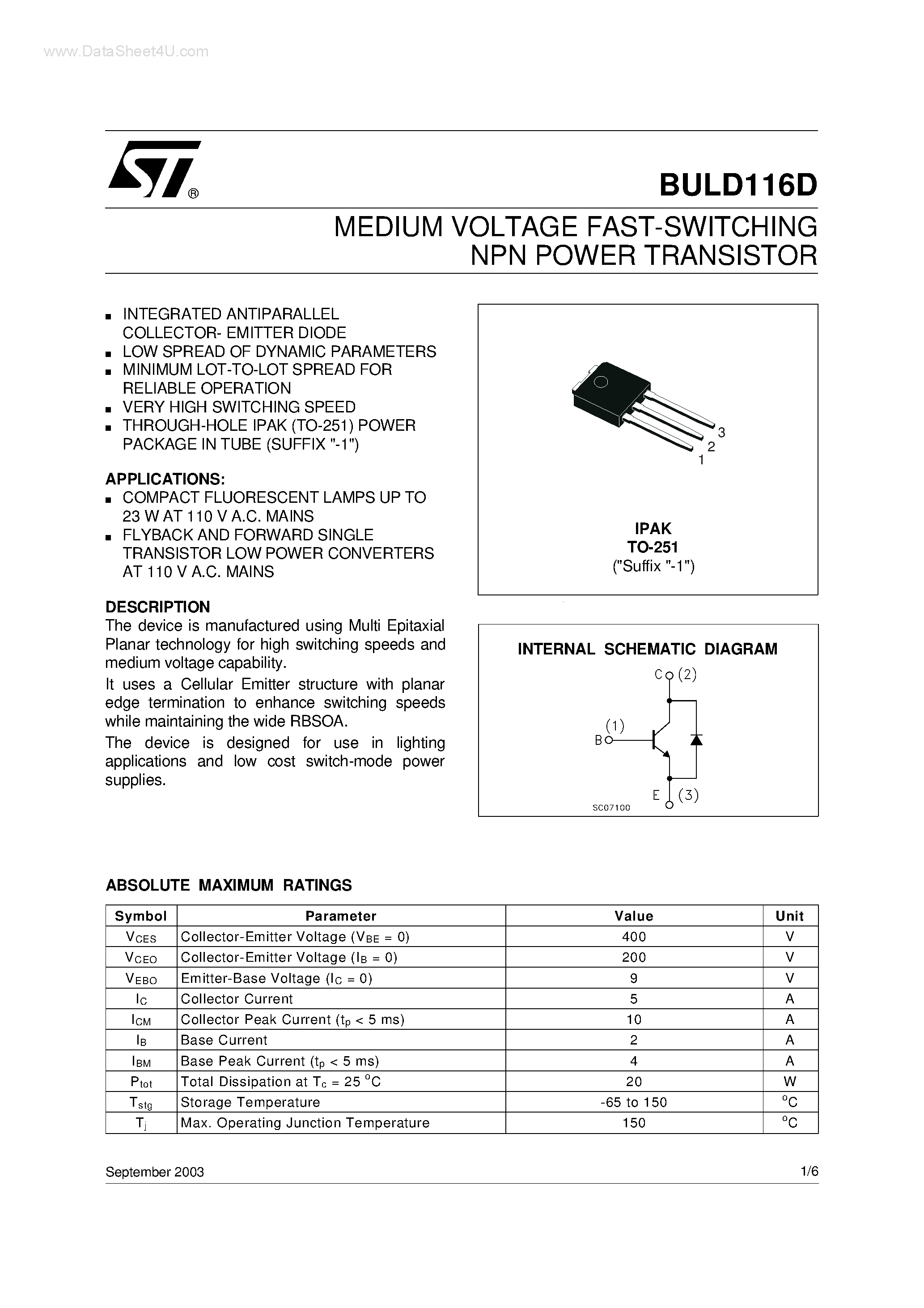 Даташит на микросхему BULD116D страница 1 Даташит BULD116D - MEDIUM VOLTAGE FAST-SWITCHING NPN POWER TRANSISTOR страница 1