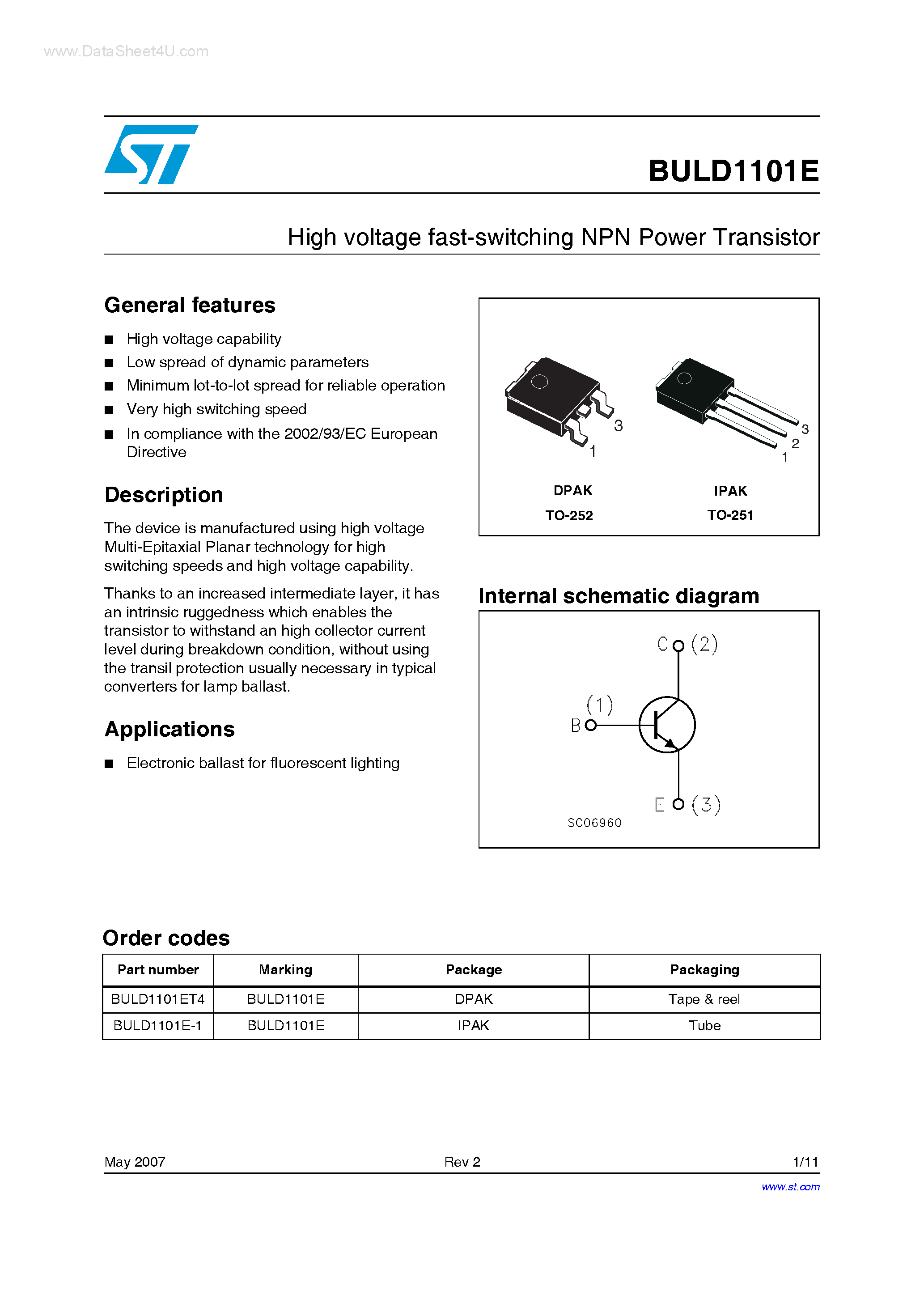 Даташит на микросхему BULD1101E страница 1 Даташит BULD1101E - High voltage fast-switching NPN Power Transistor страница 1
