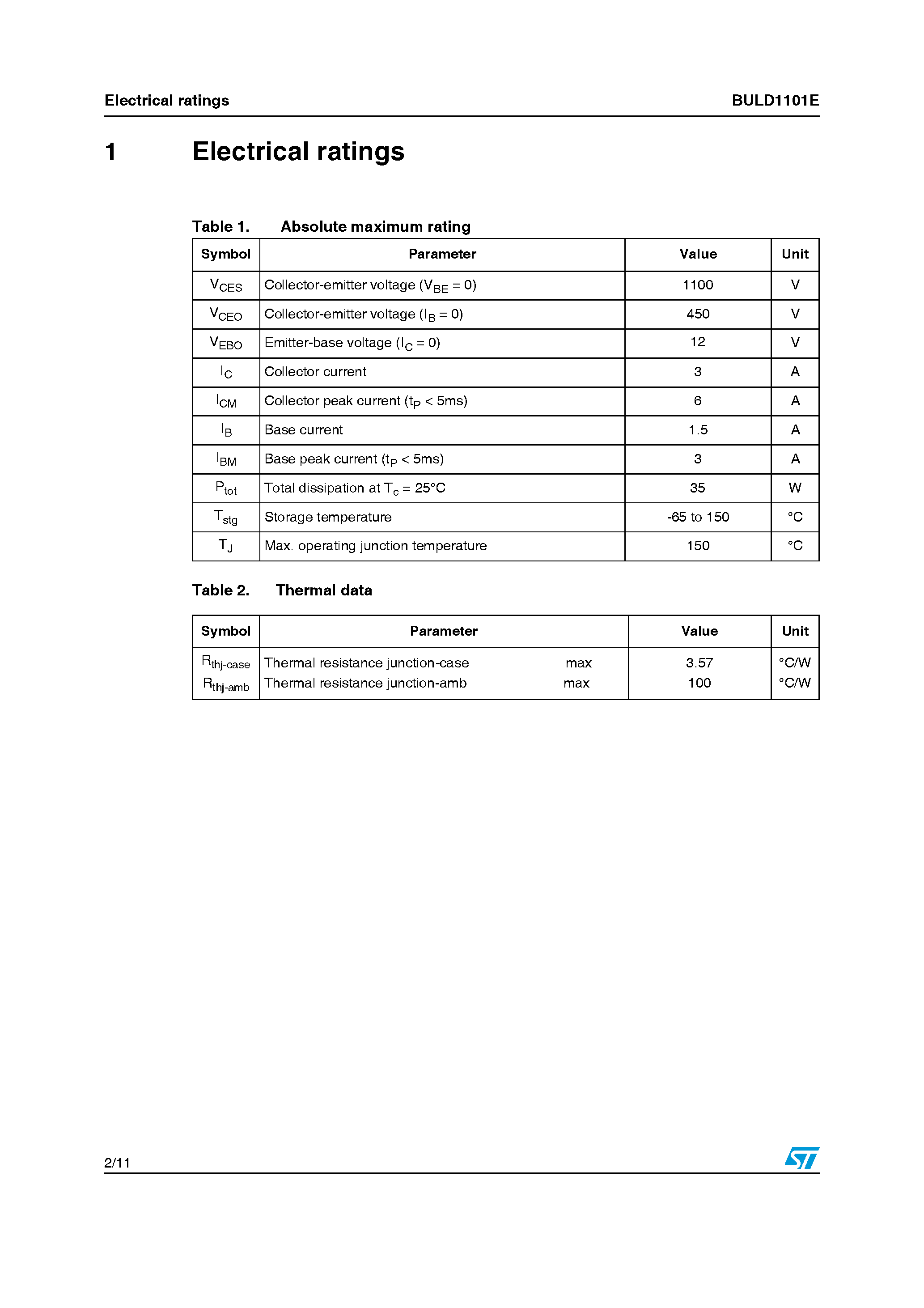 Даташит на микросхему BULD1101E страница 2 Даташит BULD1101E - High voltage fast-switching NPN Power Transistor страница 2