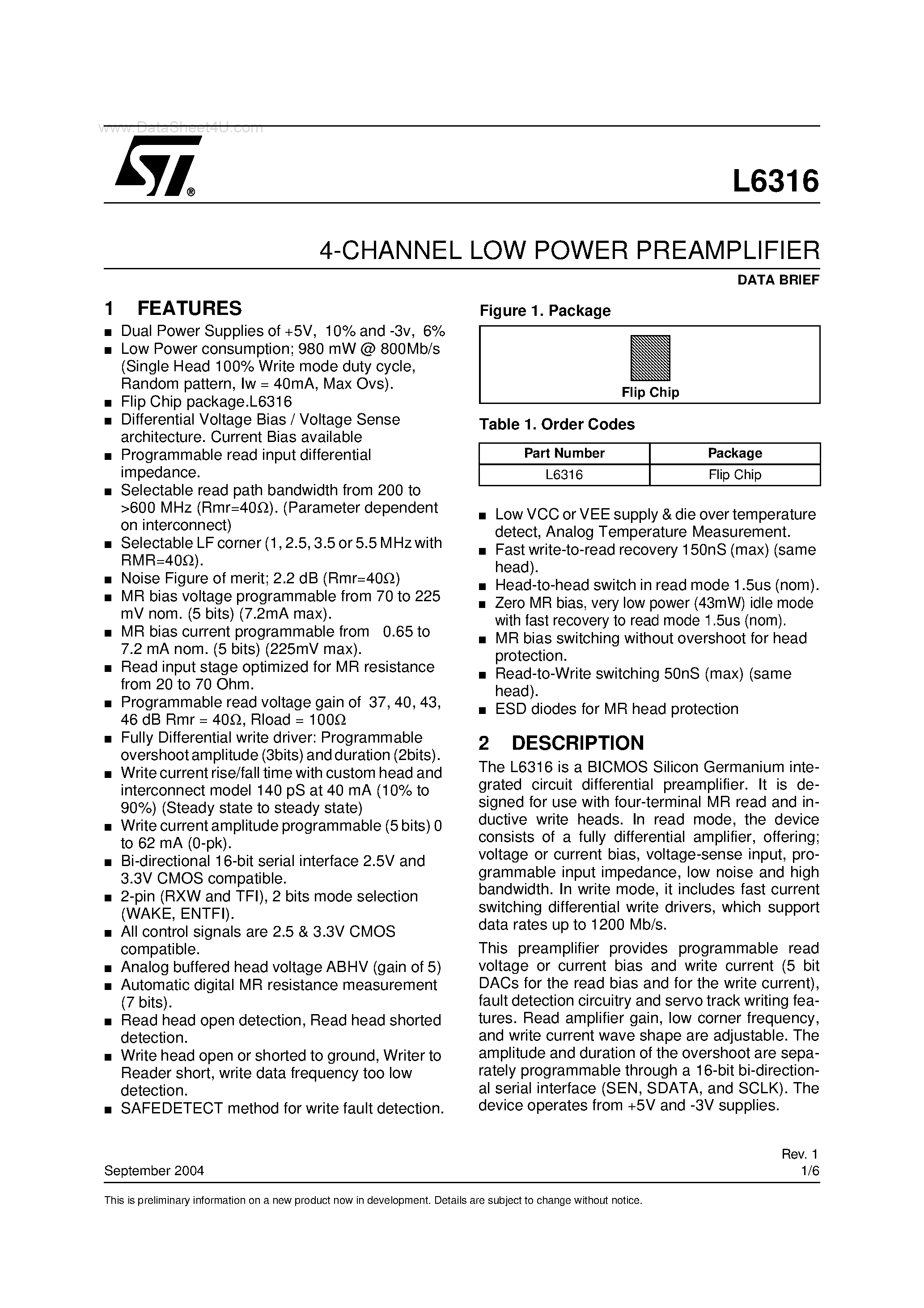 Даташит L6316 - 4-CHANNEL LOW POWER PREAMPLIFIER страница 1
