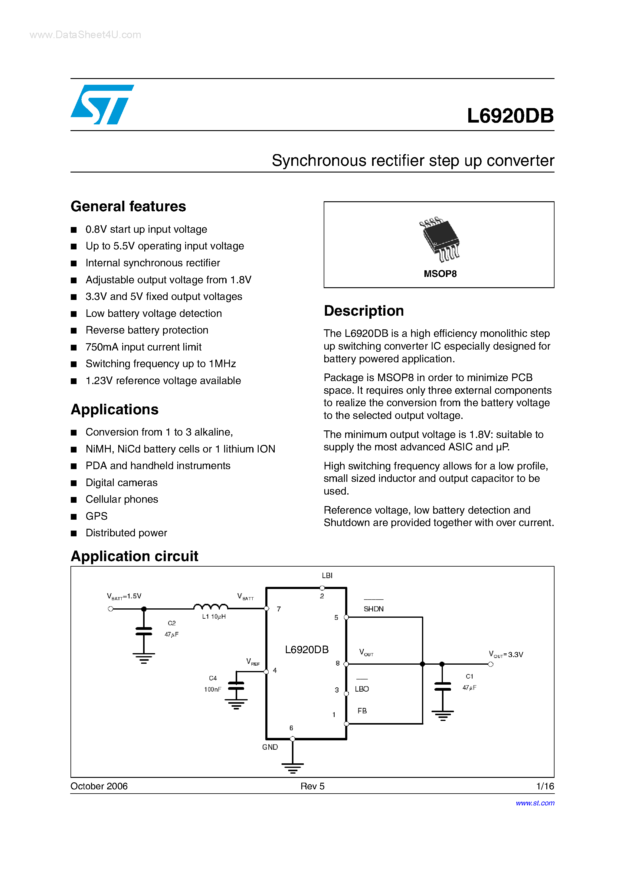 Даташит на микросхему L6920DB страница 1 Даташит L6920DB - Synchronous rectifier step up converter страница 1
