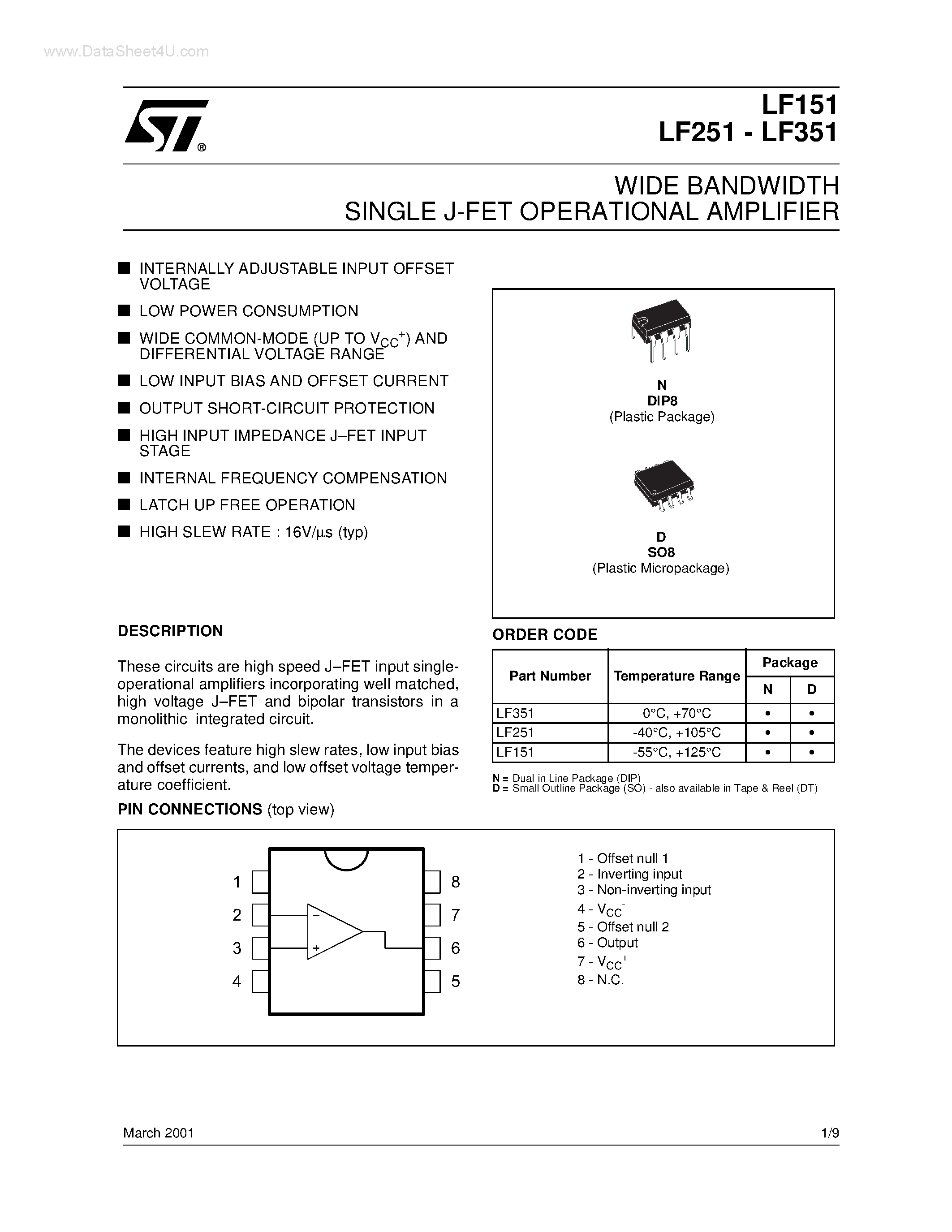 Datasheet LF351 - WIDE BANDWIDTH SINGLE J-FET OPERATIONAL AMPLIFIER page 1
