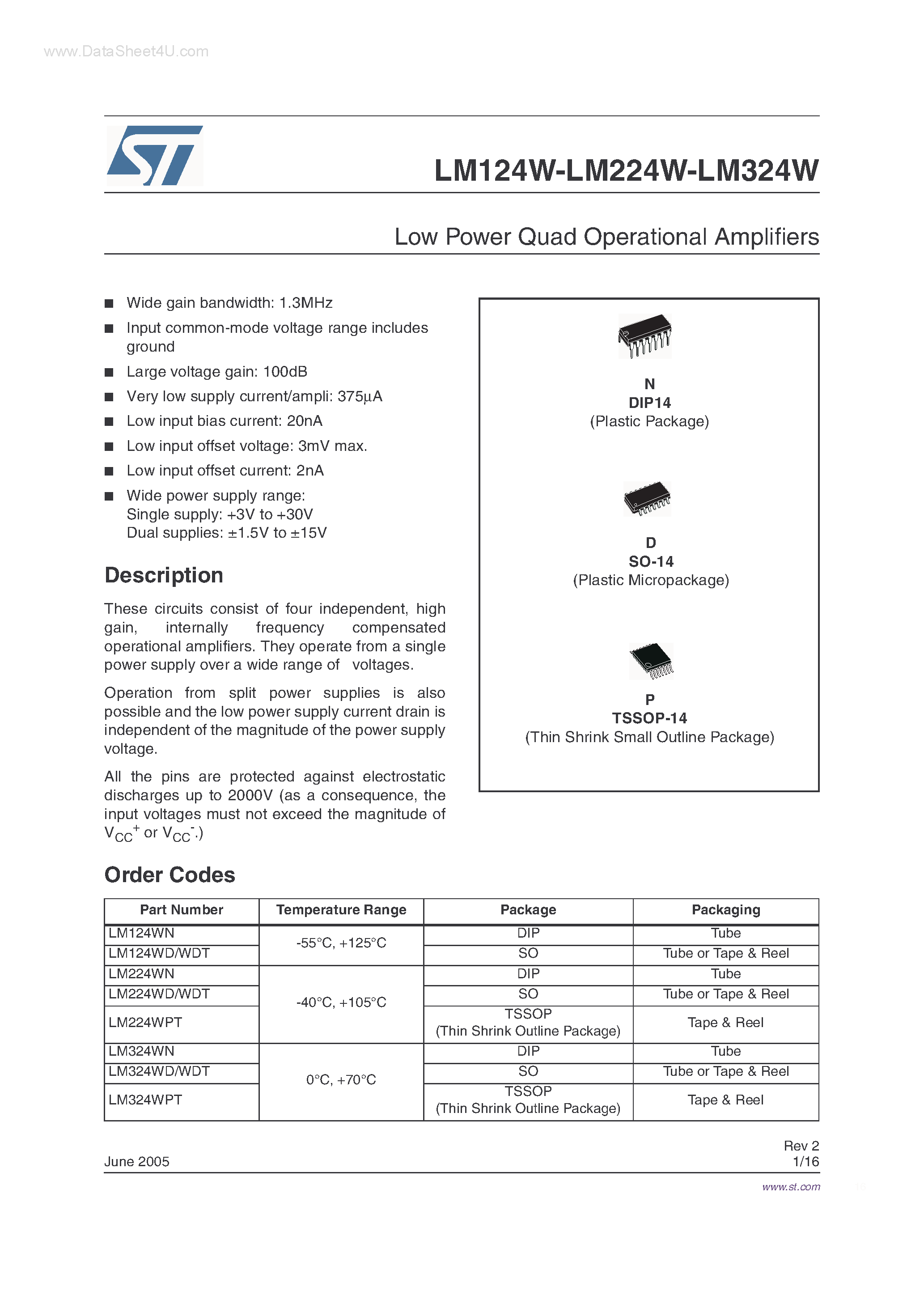 Даташит LM224W - Low Power Quad Operational Amplifiers страница 1