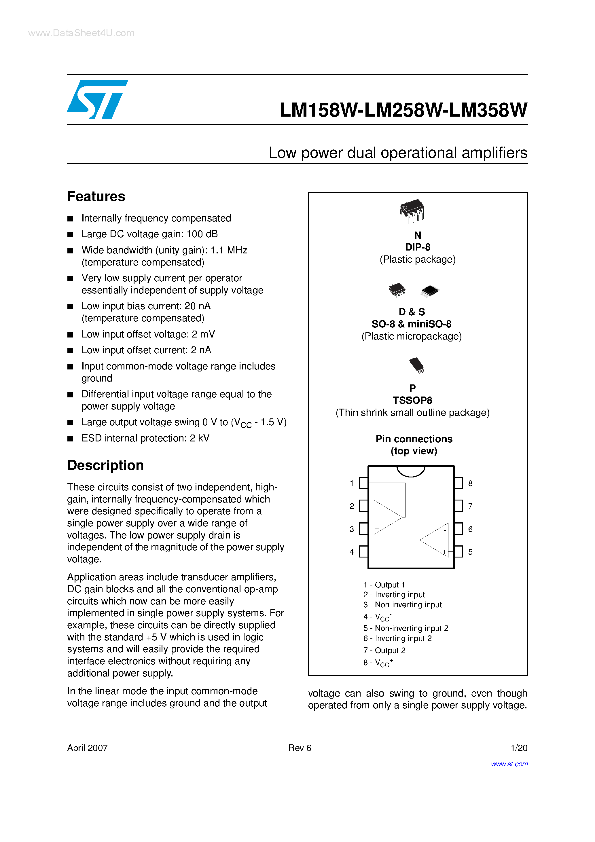 Datasheet LM158W - Low power dual operational amplifiers page 1