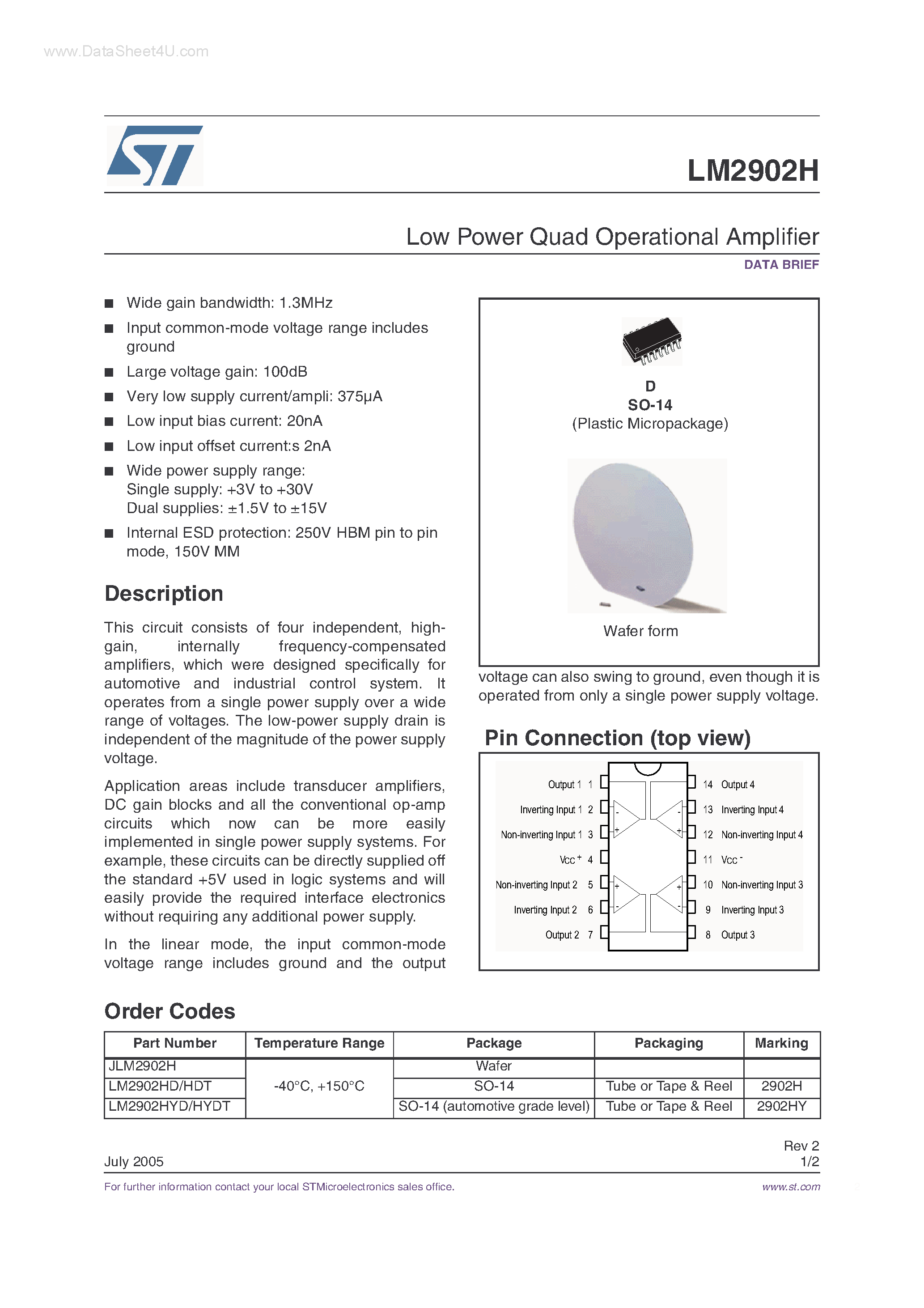 Datasheet LM2902H - Low Power Quad Operational Amplifier page 1