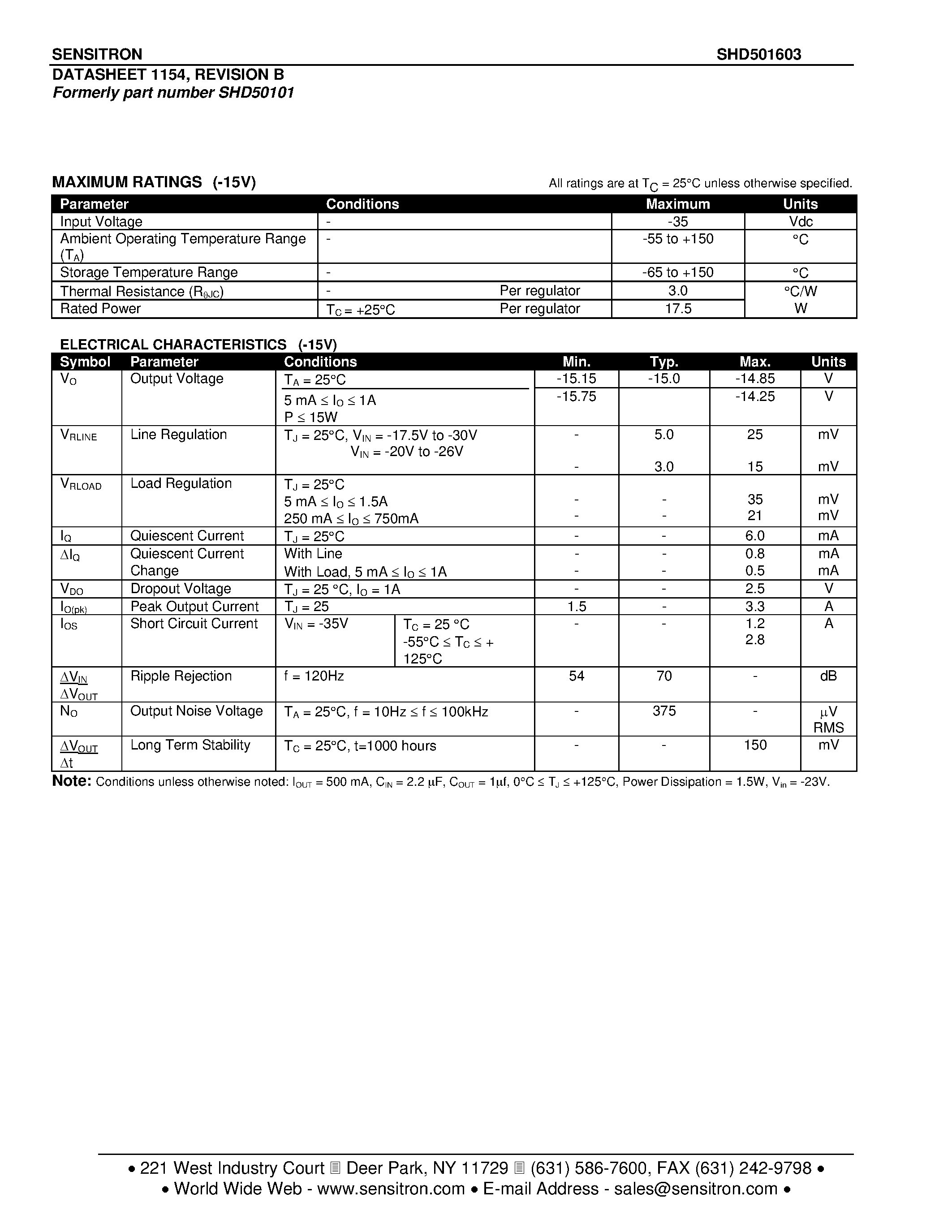 Datasheet SHD501603 - DUAL FIXED /- 15.0 VOLT 1.5 AMP VOLTAGE REGULATOR page 2