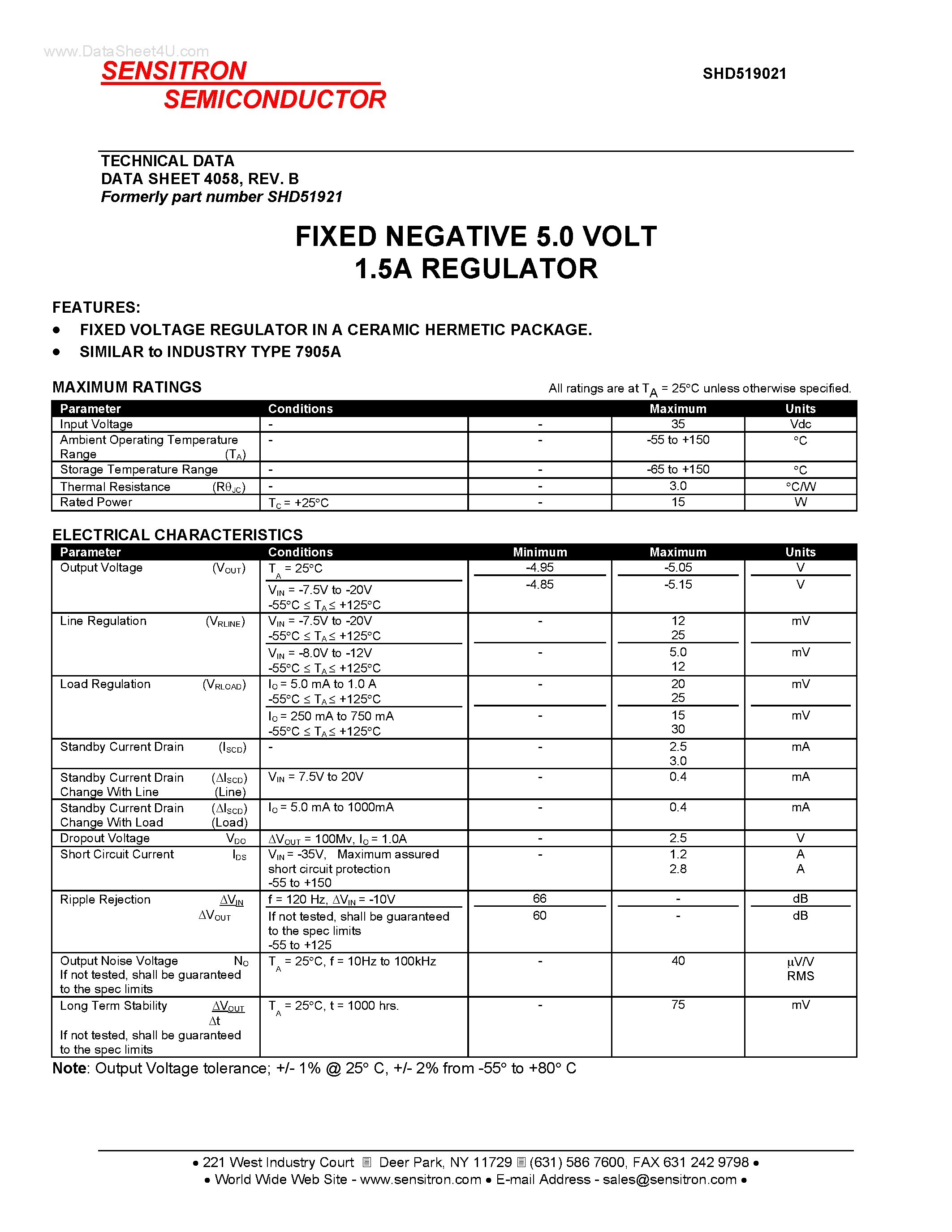 Datasheet SHD519021 - FIXED NEGATIVE 5.0 VOLT 1.5A REGULATOR page 1