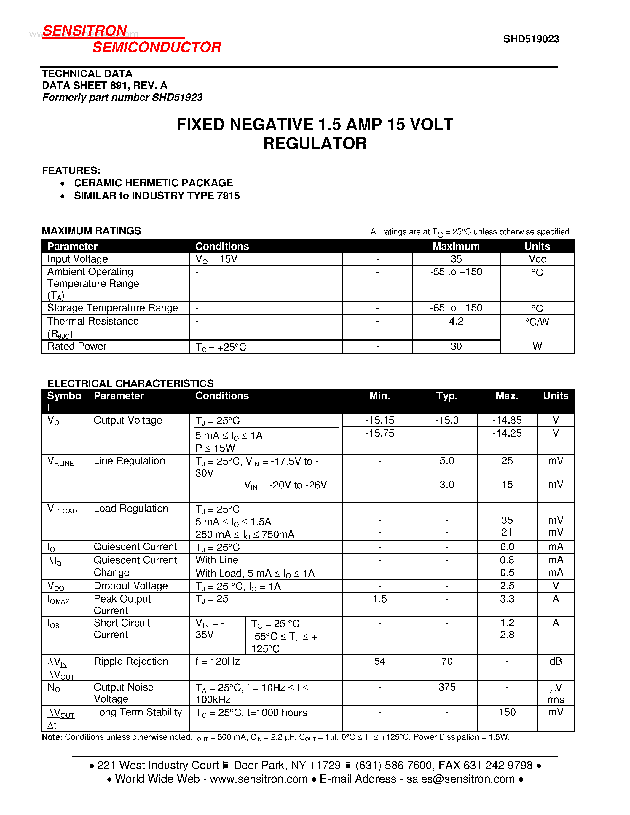 Datasheet SHD519023 page 1 Datasheet SHD519023 - FIXED NEGATIVE 1.5 AMP 15 VOLT REGULATOR page 1