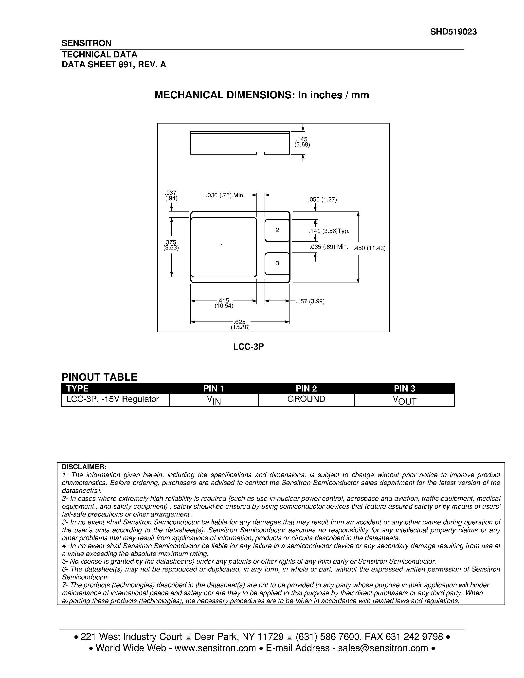 Datasheet SHD519023 page 2 Datasheet SHD519023 - FIXED NEGATIVE 1.5 AMP 15 VOLT REGULATOR page 2