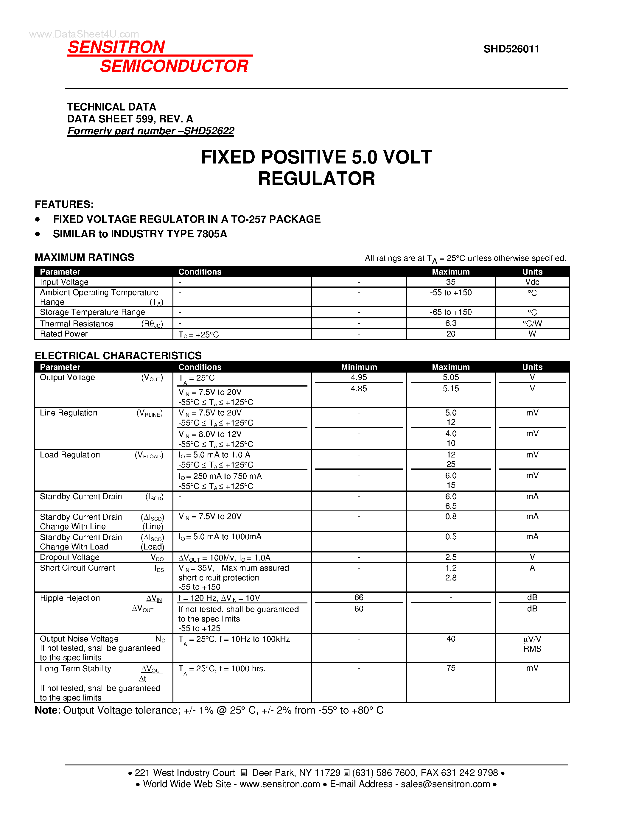Datasheet SHD526011 - FIXED POSITIVE 5.0 VOLT REGULATOR page 1