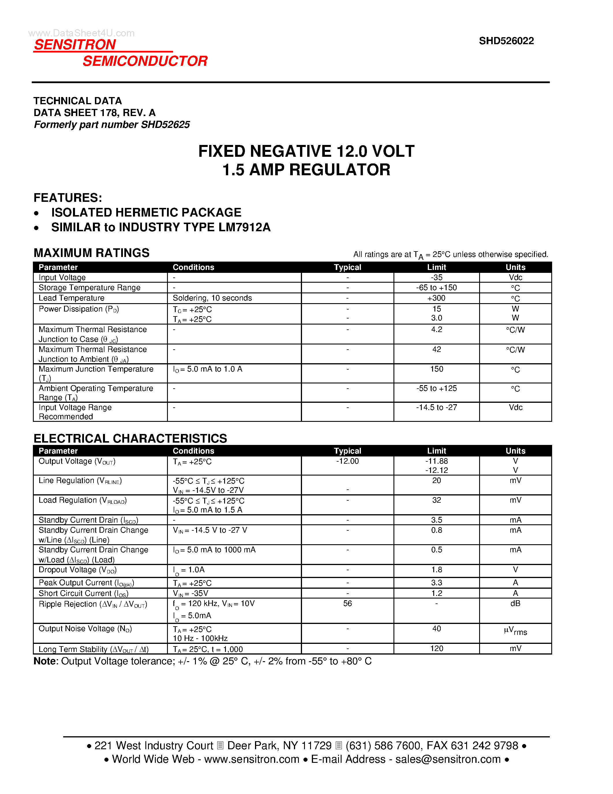 Datasheet SHD526022 page 1 Datasheet SHD526022 - FIXED NEGATIVE 12.0 VOLT 1.5 AMP REGULATOR page 1