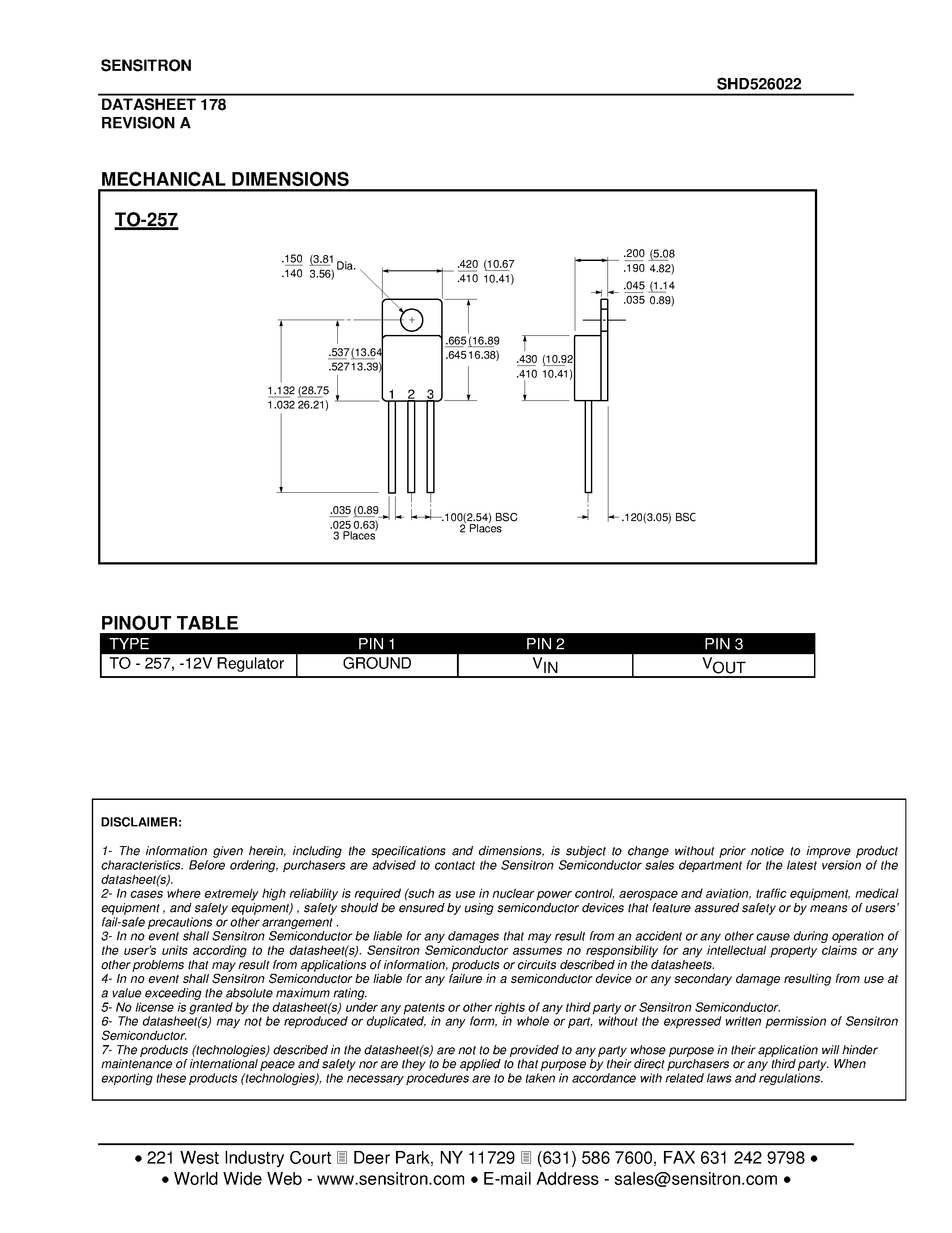 Datasheet SHD526022 page 2 Datasheet SHD526022 - FIXED NEGATIVE 12.0 VOLT 1.5 AMP REGULATOR page 2