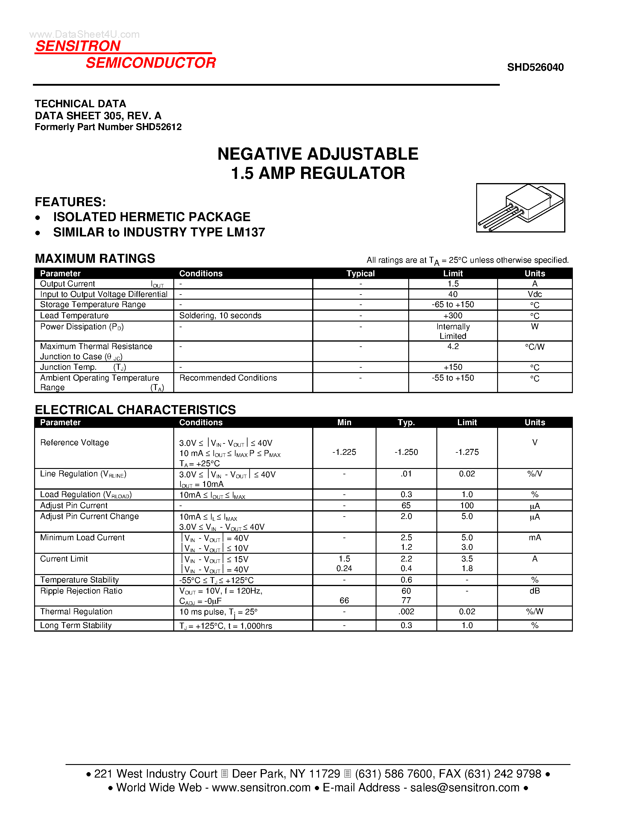 Datasheet SHD526040 page 1 Datasheet SHD526040 - NEGATIVE ADJUSTABLE 1.5 AMP REGULATOR page 1
