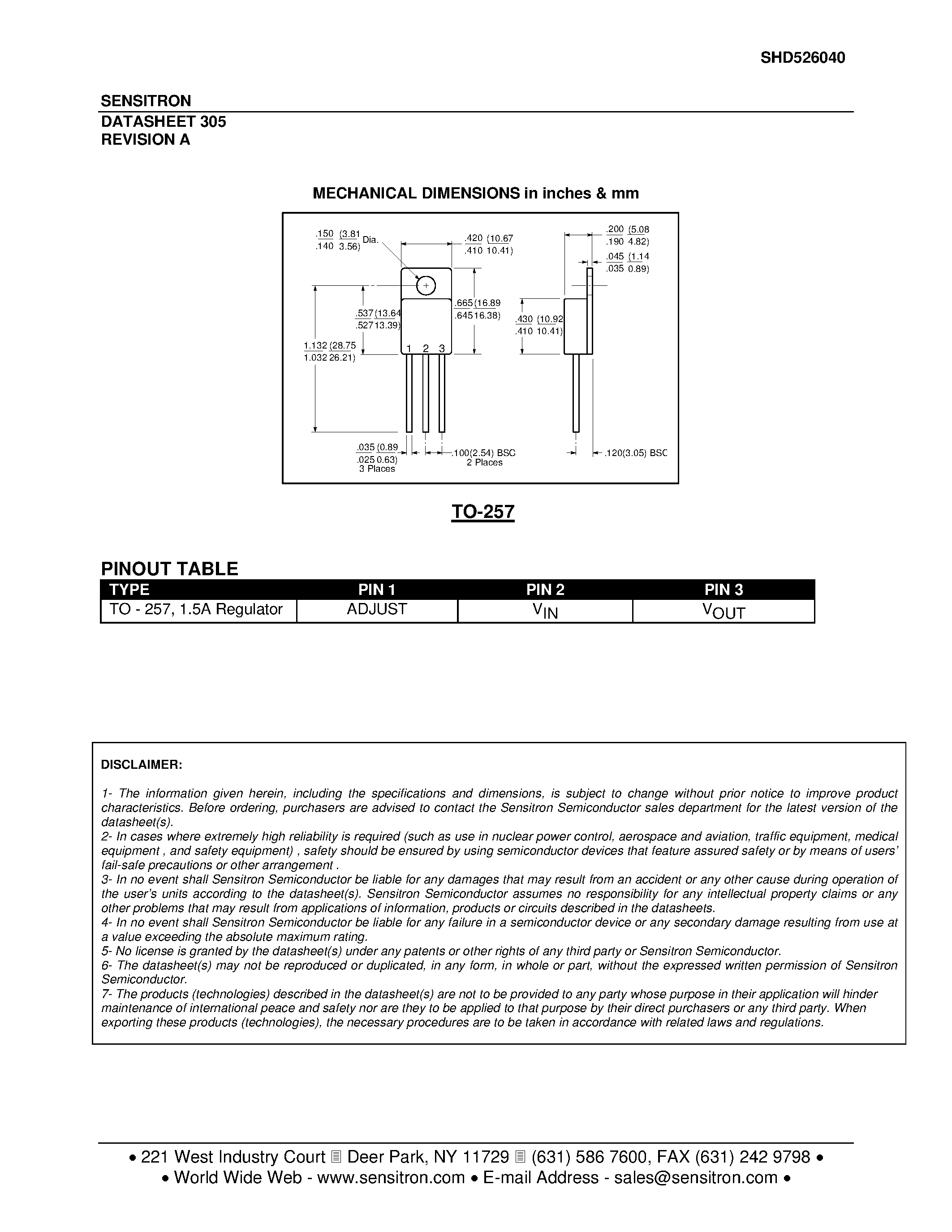 Datasheet SHD526040 page 2 Datasheet SHD526040 - NEGATIVE ADJUSTABLE 1.5 AMP REGULATOR page 2