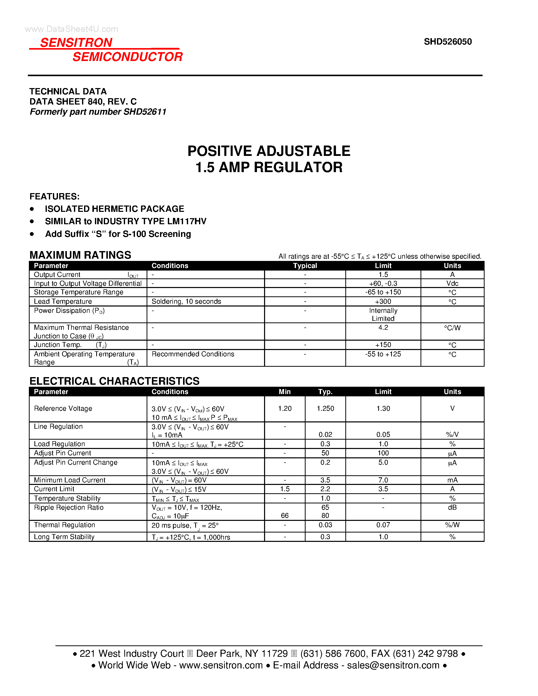 Datasheet SHD526050 page 1 Datasheet SHD526050 - POSITIVE ADJUSTABLE 1.5 AMP REGULATOR page 1