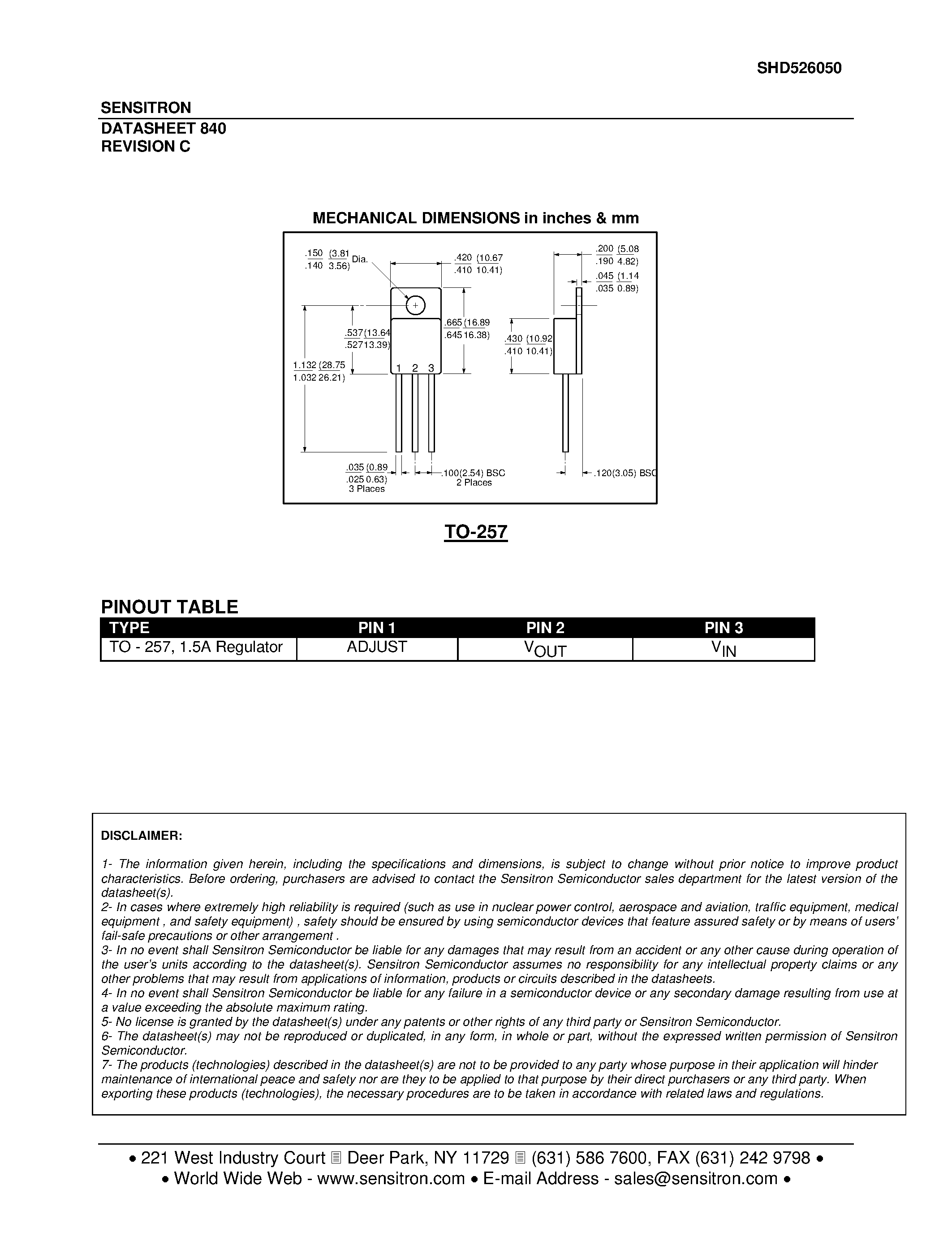 Datasheet SHD526050 page 2 Datasheet SHD526050 - POSITIVE ADJUSTABLE 1.5 AMP REGULATOR page 2