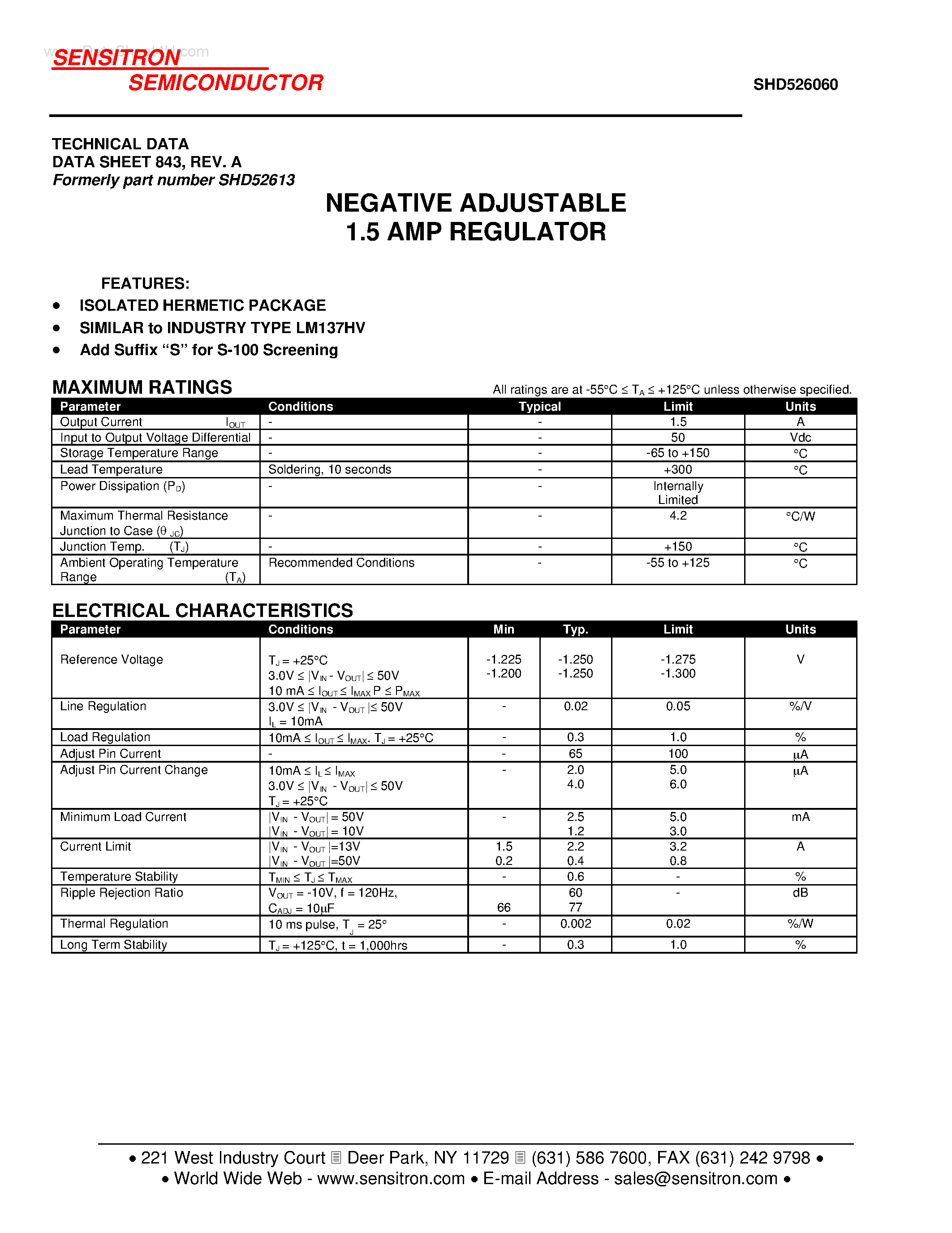 Datasheet SHD526060 page 1 Datasheet SHD526060 - NEGATIVE ADJUSTABLE 1.5 AMP REGULATOR page 1