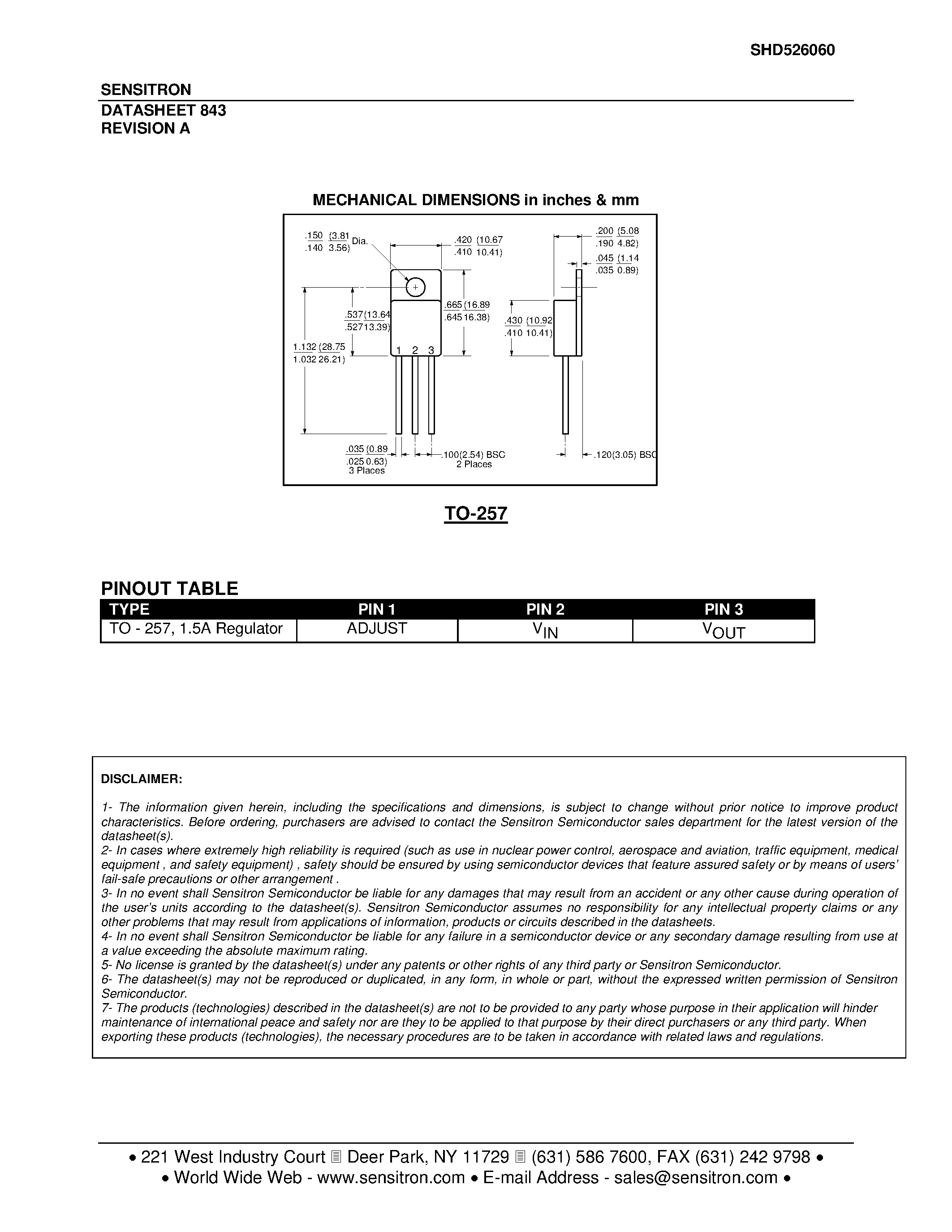 Datasheet SHD526060 page 2 Datasheet SHD526060 - NEGATIVE ADJUSTABLE 1.5 AMP REGULATOR page 2